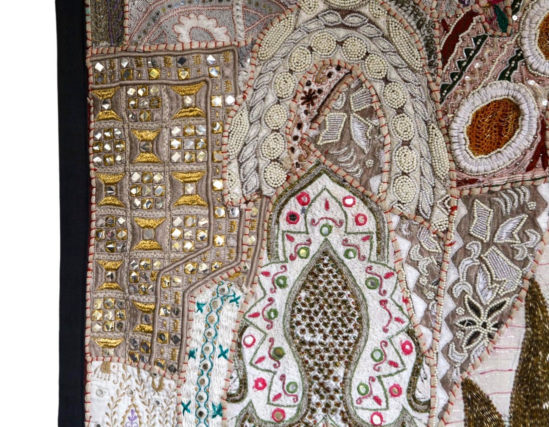 Vintage India Beaded Fabric Patchwork Wall Hanging - 3