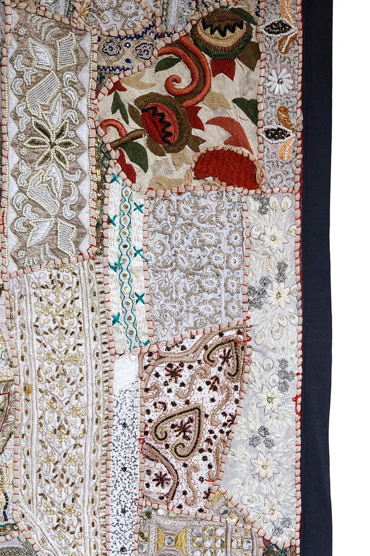 Vintage India Beaded Fabric Patchwork Wall Hanging - 4