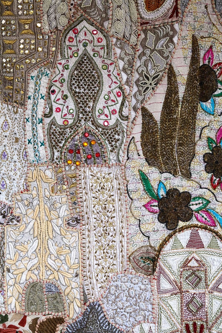 Vintage India Beaded Fabric Patchwork Wall Hanging - 5