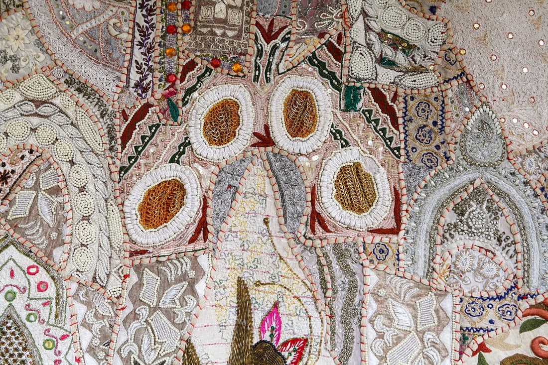 Vintage India Beaded Fabric Patchwork Wall Hanging - 6