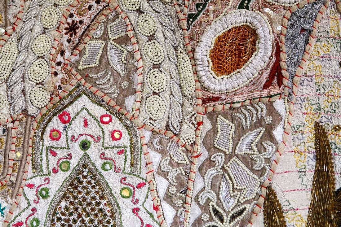 Vintage India Beaded Fabric Patchwork Wall Hanging - 7