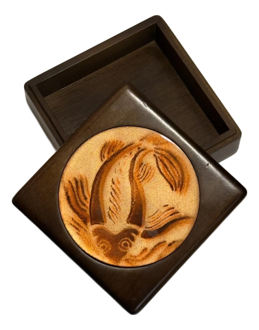 Vintage Annemarie Davidson Siara Madre, California "Jewel" Series Enamel Koi Box: Turtle and Crane is proud to present a true collector's discovery: a rare and radiant "Jewel" series box by the First Lady of California Enamel, Annemarie Davidson. While Davidson is celebrated for