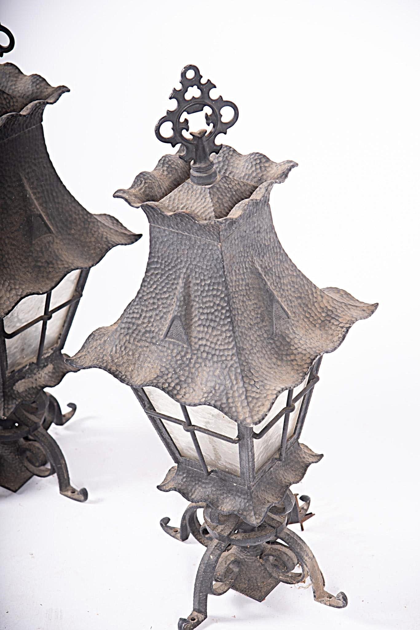 Pair of Spanish Revival Hammered Metal Lanterns - Vintage Late 20th Century - 3