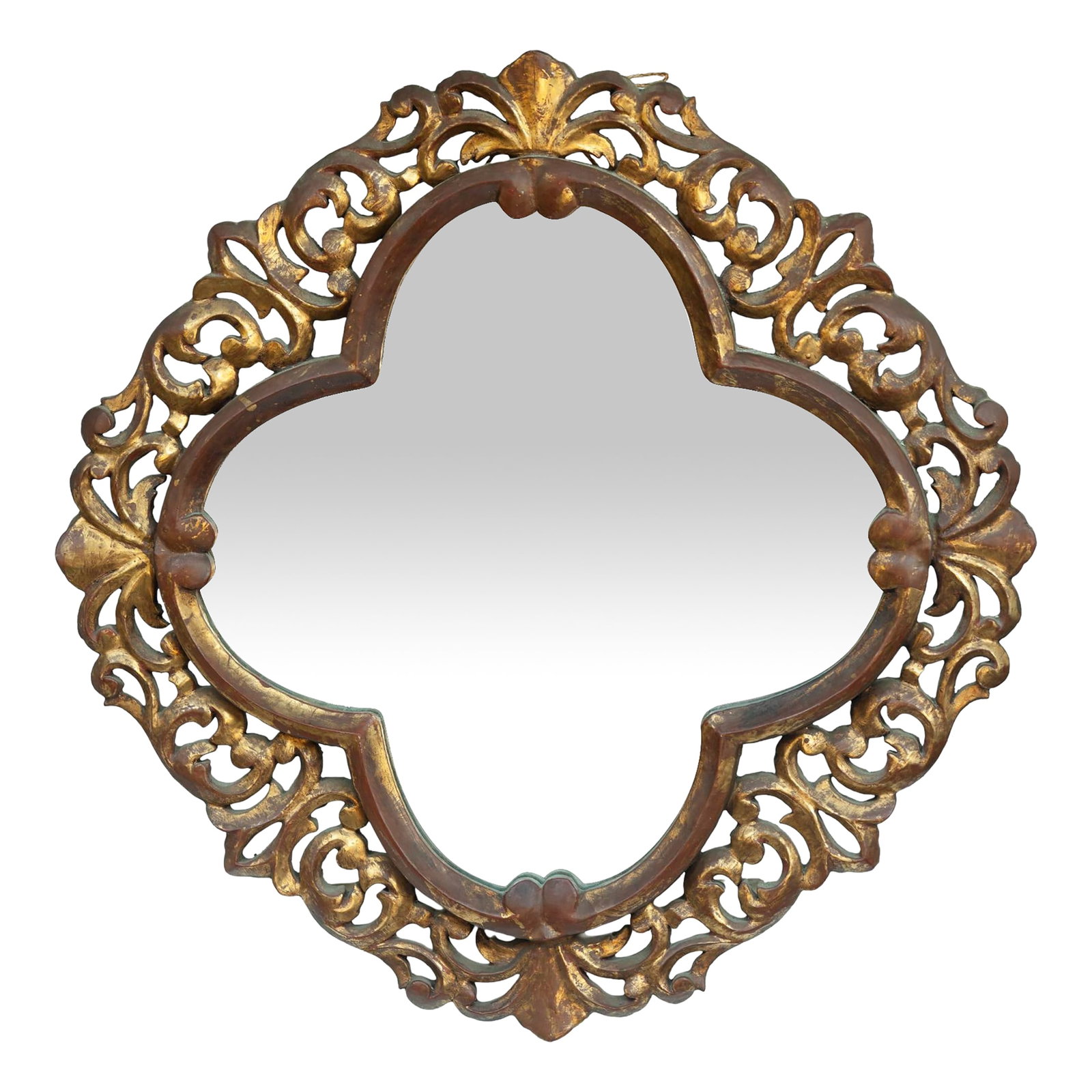 Mid 20th Century Wood Carved & Gilt Quatrefoil Framed Mirror: A Charming Vintage Wood Carved & Gilt Quatrefoil Framed Mirror. Condition: Alterations: Original Condition Unaltered Imperfections: Some Imperfections Condition Notes: In Overall Good condition for