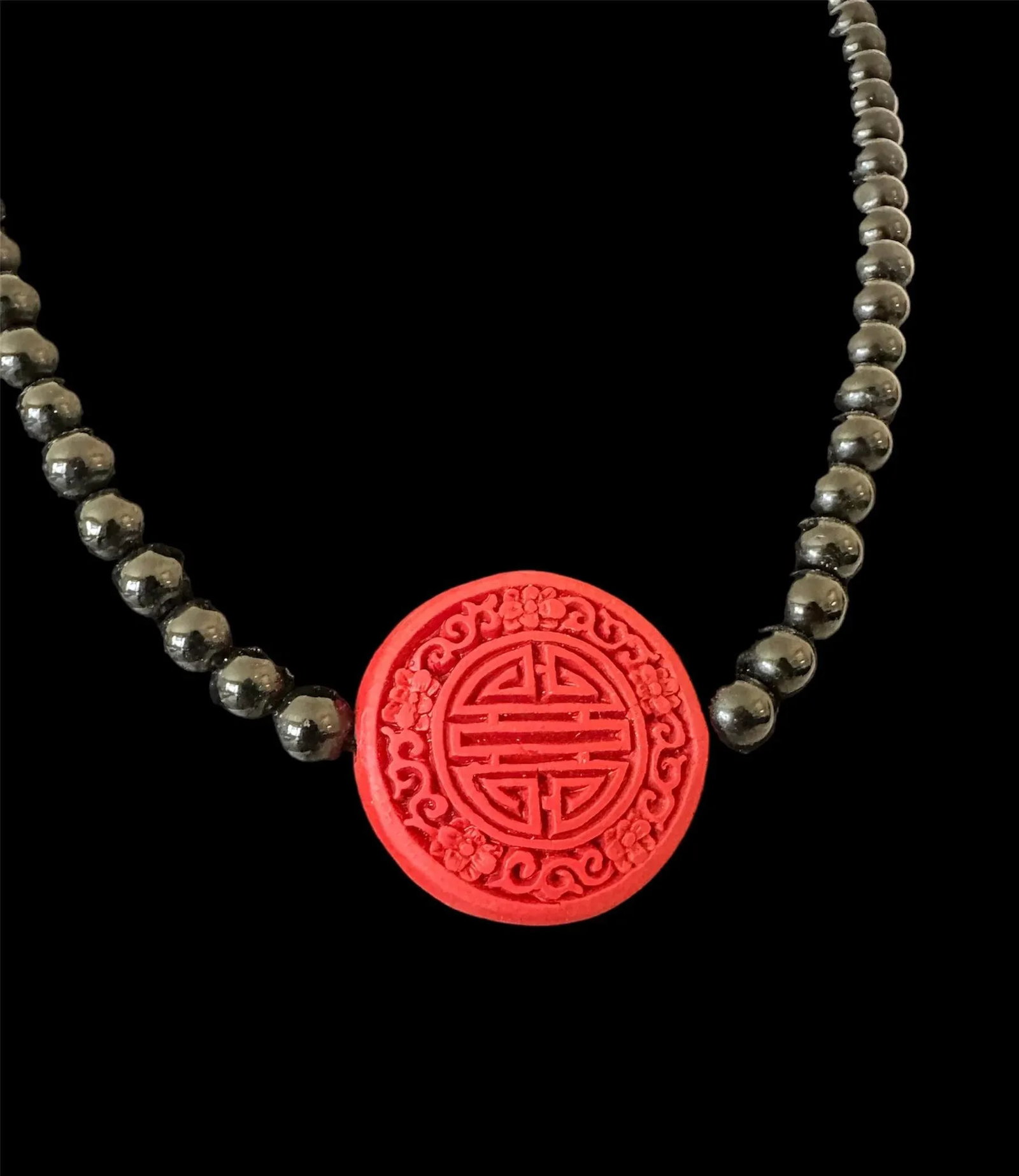 Vintage Hand Carved Cinnabar-Style Chinese Pendant Necklace With Black Onyx Glass Beads and Matching - 2