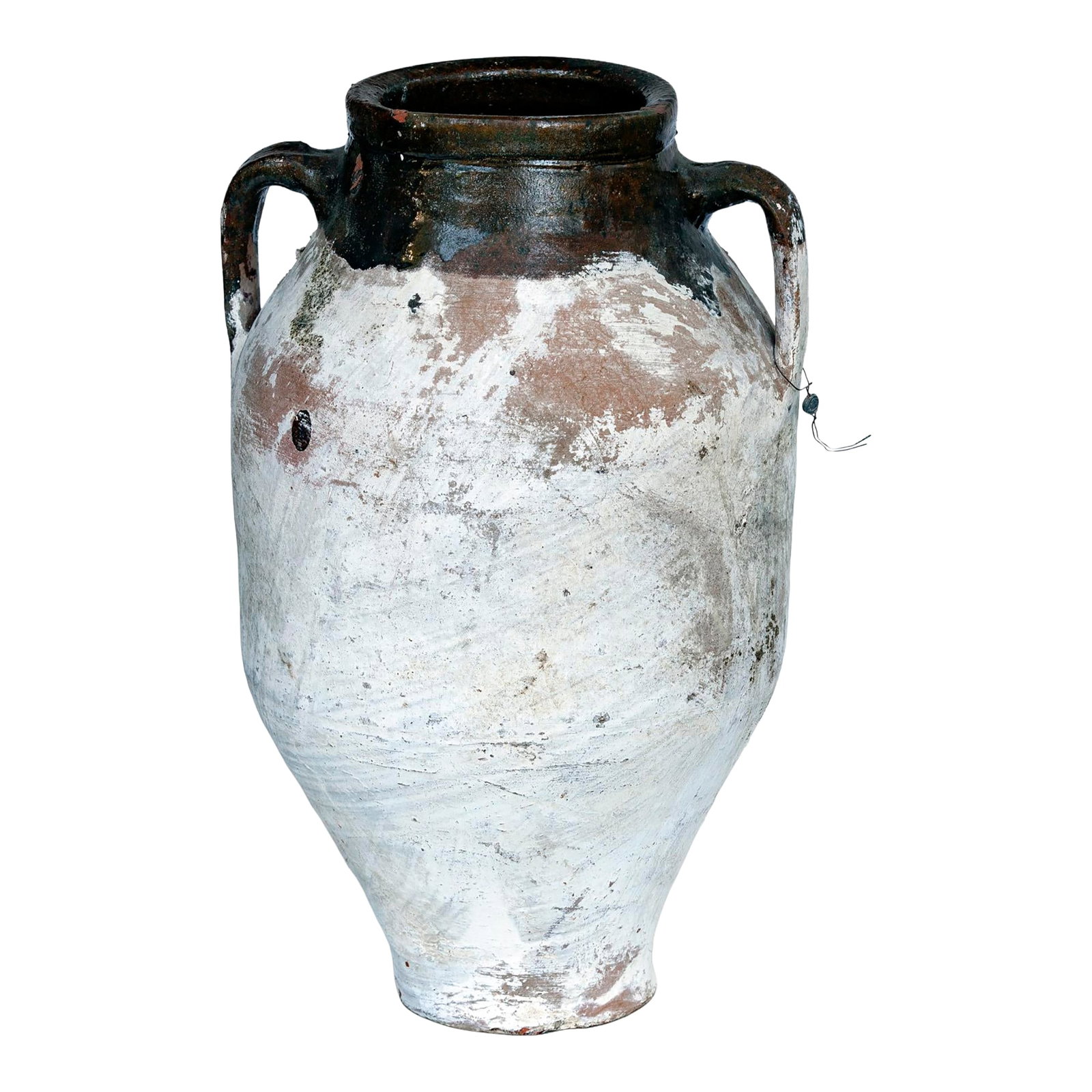 Vintage Mediterranean Terracotta Olive Oil Jar: A Vintage Mediterranean Terracotta Olive Oil Jar with two handles. The glazes mouth is a brown color with much of the Jar covered in white. Great in the Garden on it's own or cluster with other's.