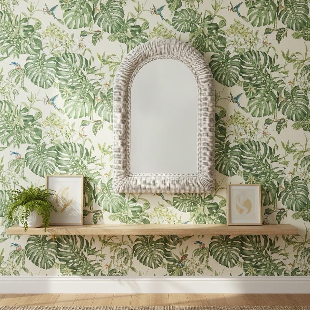 Vintage White Rattan Arched Mirror - 11