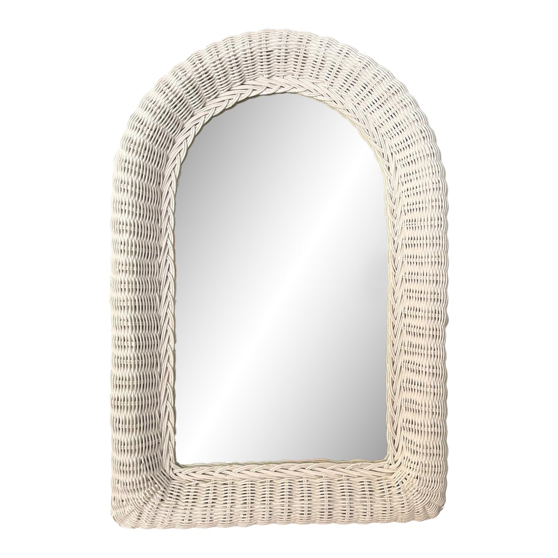 Vintage White Rattan Arched Mirror: Vintage arched white rattan mirror. 27.5" tall x 2" deep x 19.5" wide Condition notes: Some minor surface scratches, white paint wear. Condition: Alterations: Original Condition Unaltered