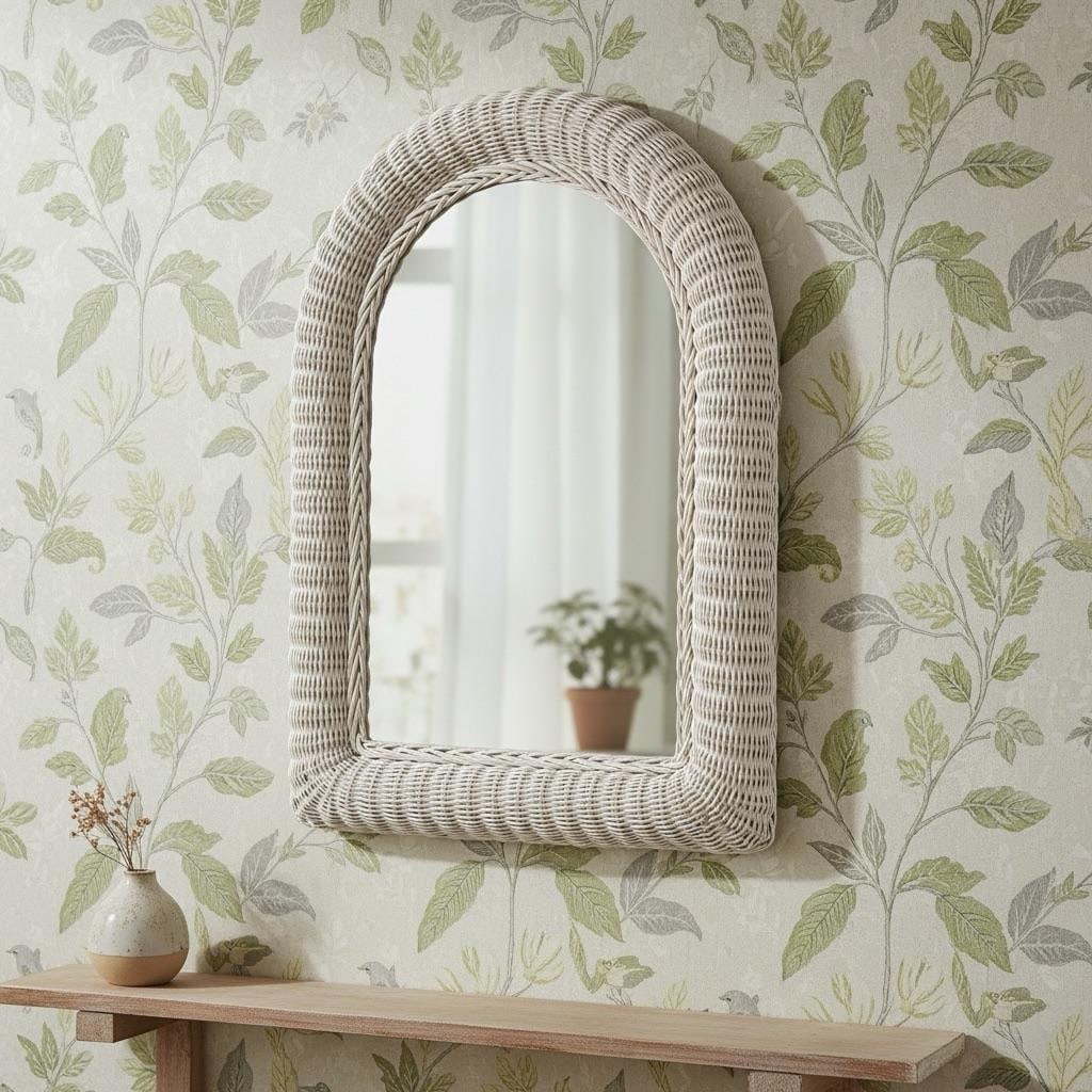 Vintage White Rattan Arched Mirror - 7