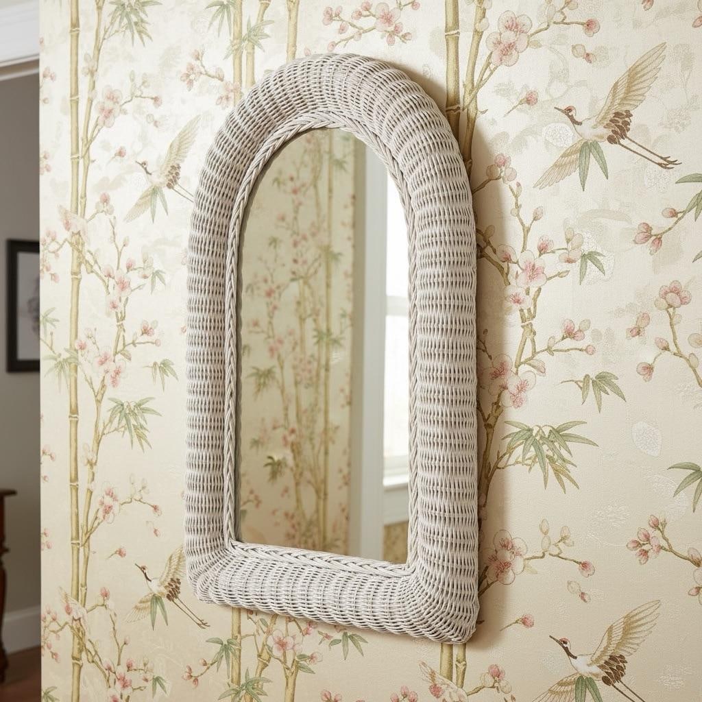Vintage White Rattan Arched Mirror - 8