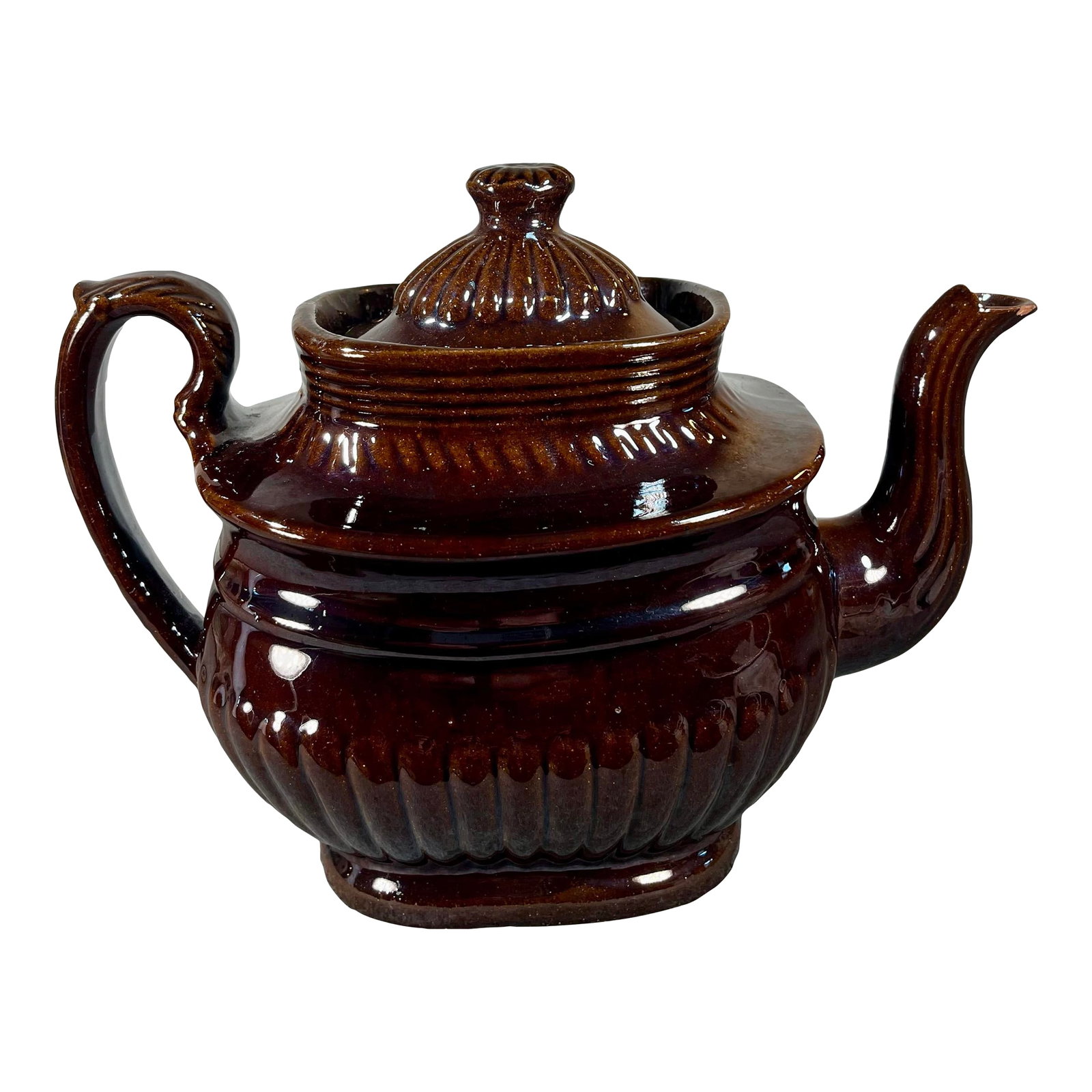 Antique Glazed Redware Lidded Teapot: Antique Glazed Redware Lidded Teapot. Measures approx 9.5"L x 4.75"W x 7.5"H. Mid 19th Century attributed. Possibly Abraham Miller, Thomas Haig as maker, Philadelphia PA. *Former property of the Brook