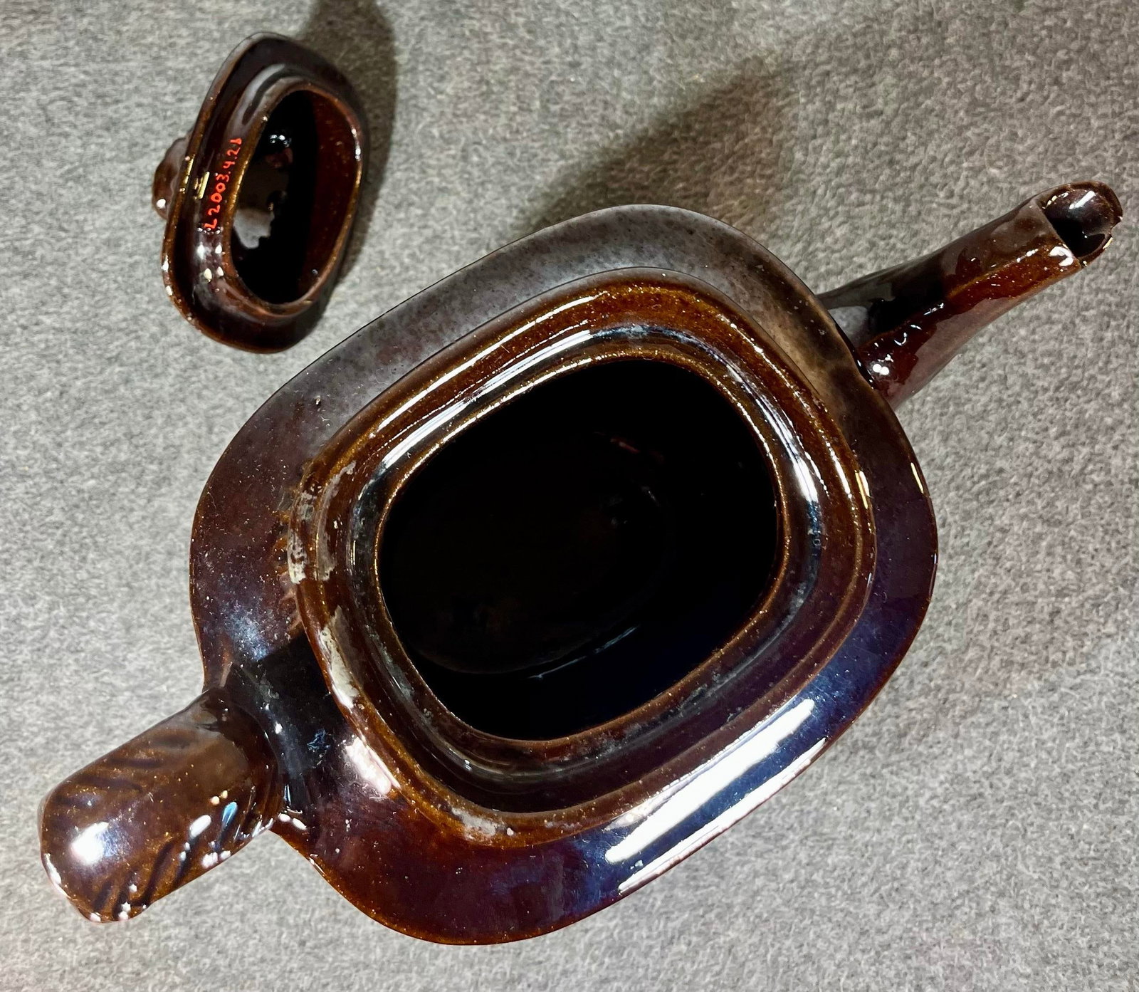 Antique Glazed Redware Lidded Teapot - 9