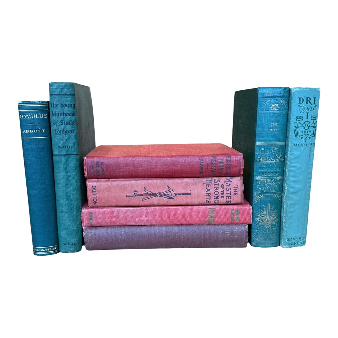 Set of 8 Antique Vintage Decor Designer Collection Hardcover Books Red Green Decor: Grouping of five hardback books with green covers. The vintage books range in size from 9 1/2" x 6 1/2" to 7 1/2" x 5". Subject material from Lost Towns and Roads, Savannah to Mark Twain and