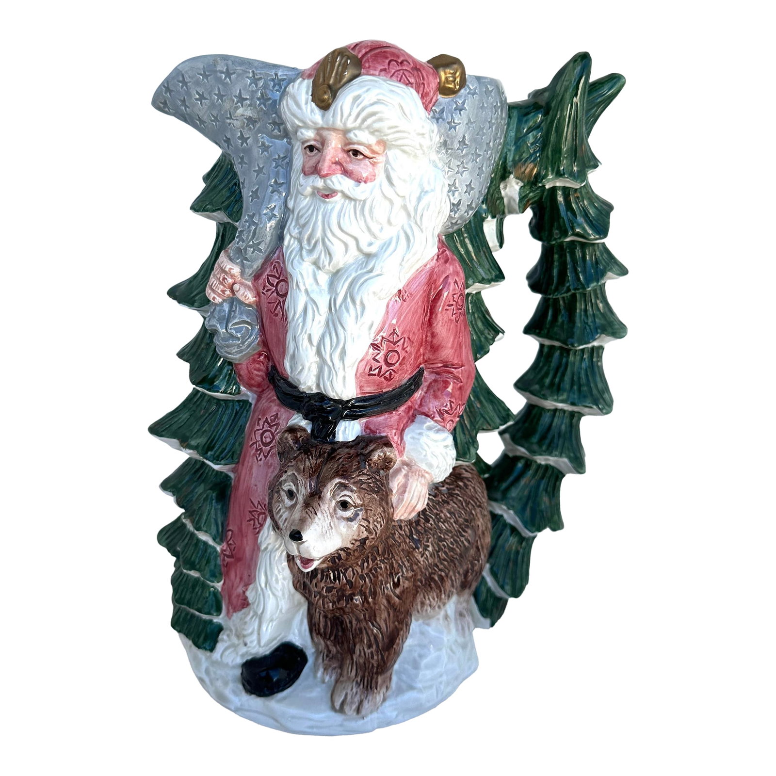 1990s Fitz & Floyd Russian Wilderness Santa Claus & Bear Pitcher 2Qt: Vintage Fitz & Floyd Santa Claus & Bear Pitcher perfect for the Holidays. Great to mix and match with other Fitz Christmas collections. 11in h x 9in w to handle 6in d x 6.5in w 2qt Make sure to