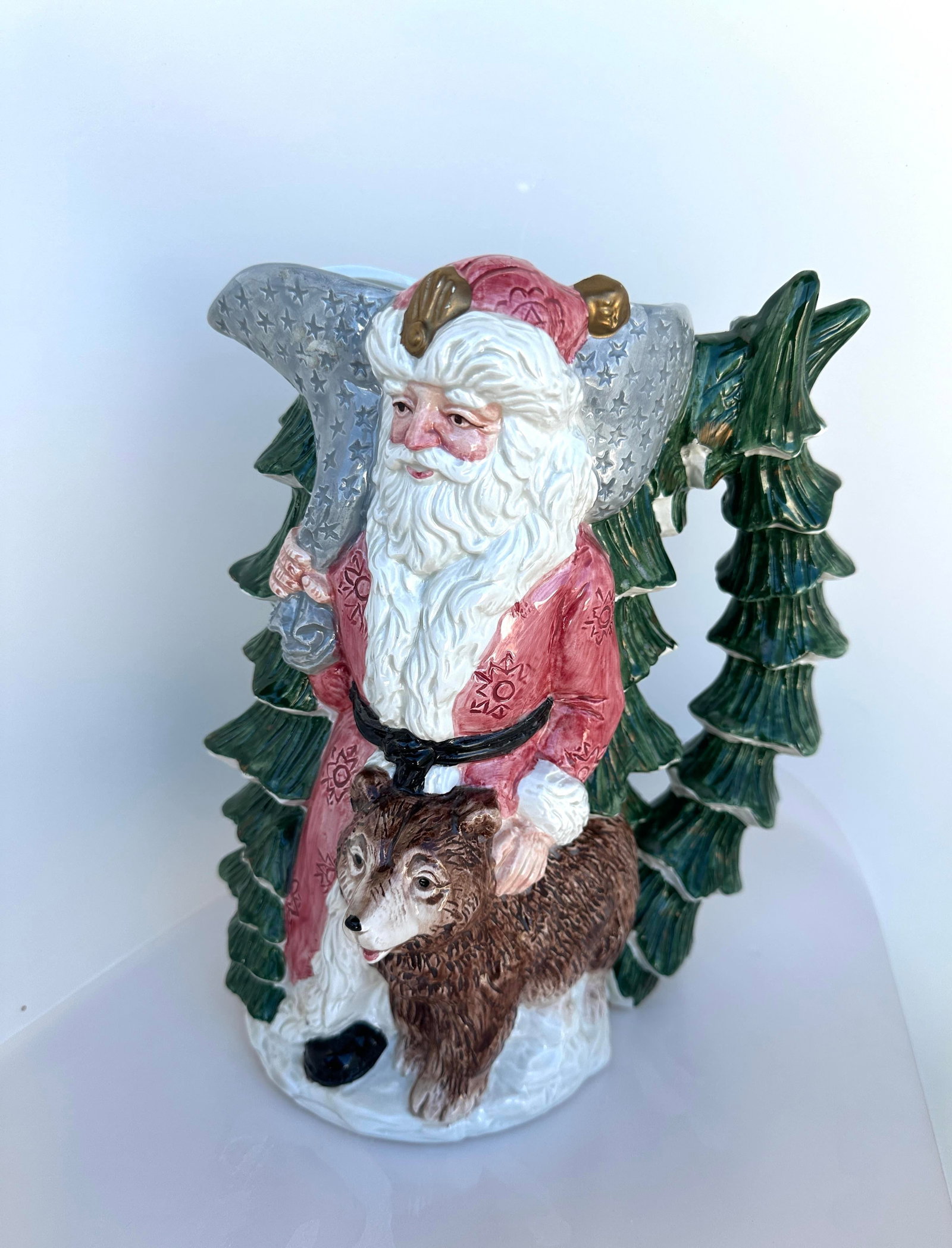 1990s Fitz & Floyd Russian Wilderness Santa Claus & Bear Pitcher 2Qt - 3