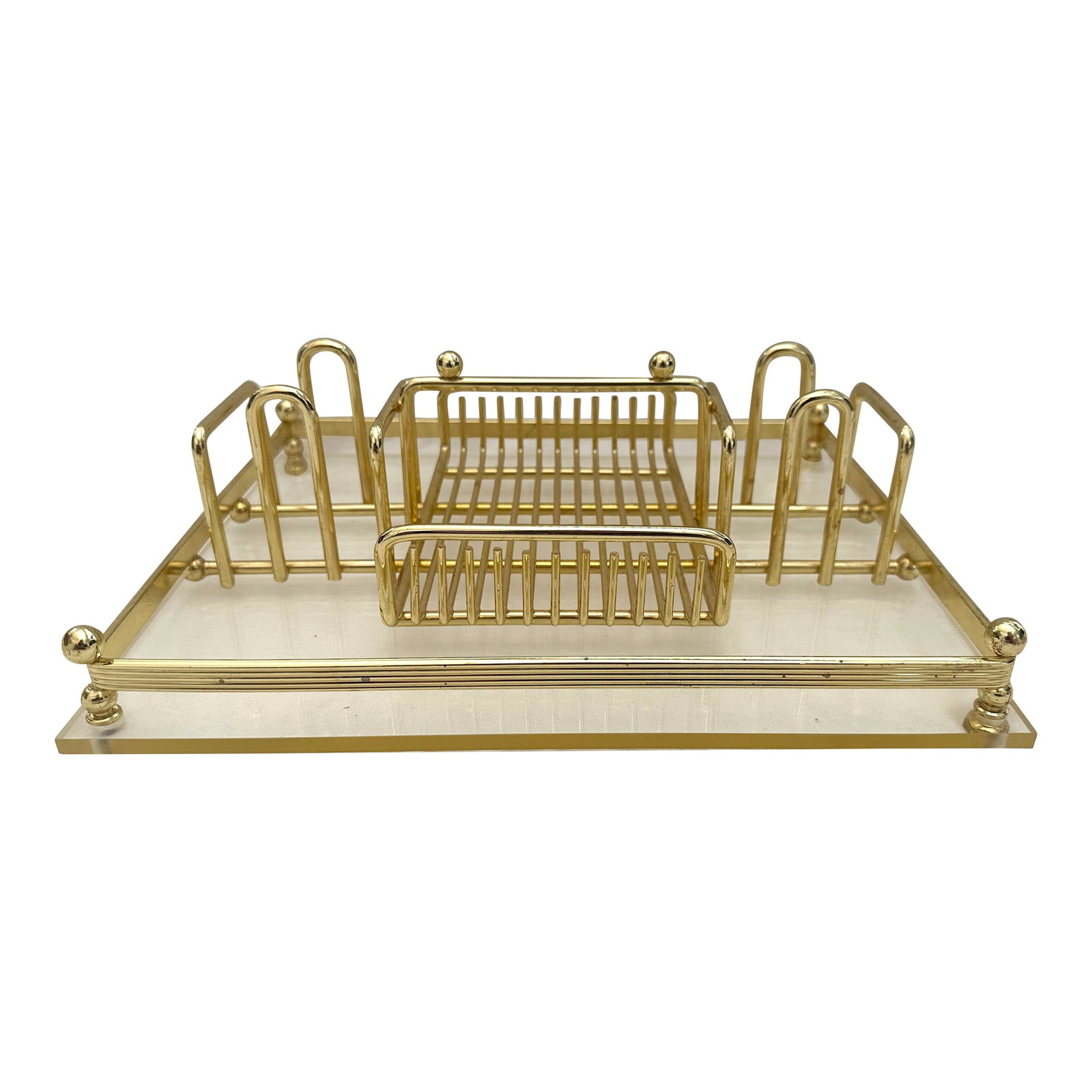 Vintage 70's MCM Brass/Lucite Flatware Caddy: Vintage Lucite and Brass Flatware Caddy, just in time for the Holidays. Great next to a bar caddy or buffet. Could be Oneida or Charles Hollis Jones 9in d x 10.75in w x 3.25in h Make sure to follow me