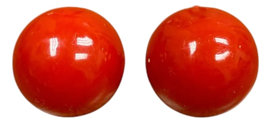 Vintage Red Domed Clip on Earrings Hong Kong, A Pair: Made in Hong Kong Cherry Red Domed Earrings Plastic with gold tone metal clip on closures From my mother's personal collection Mid-20th century Approximately 1" x 1" x 1" Condition: Alterations: