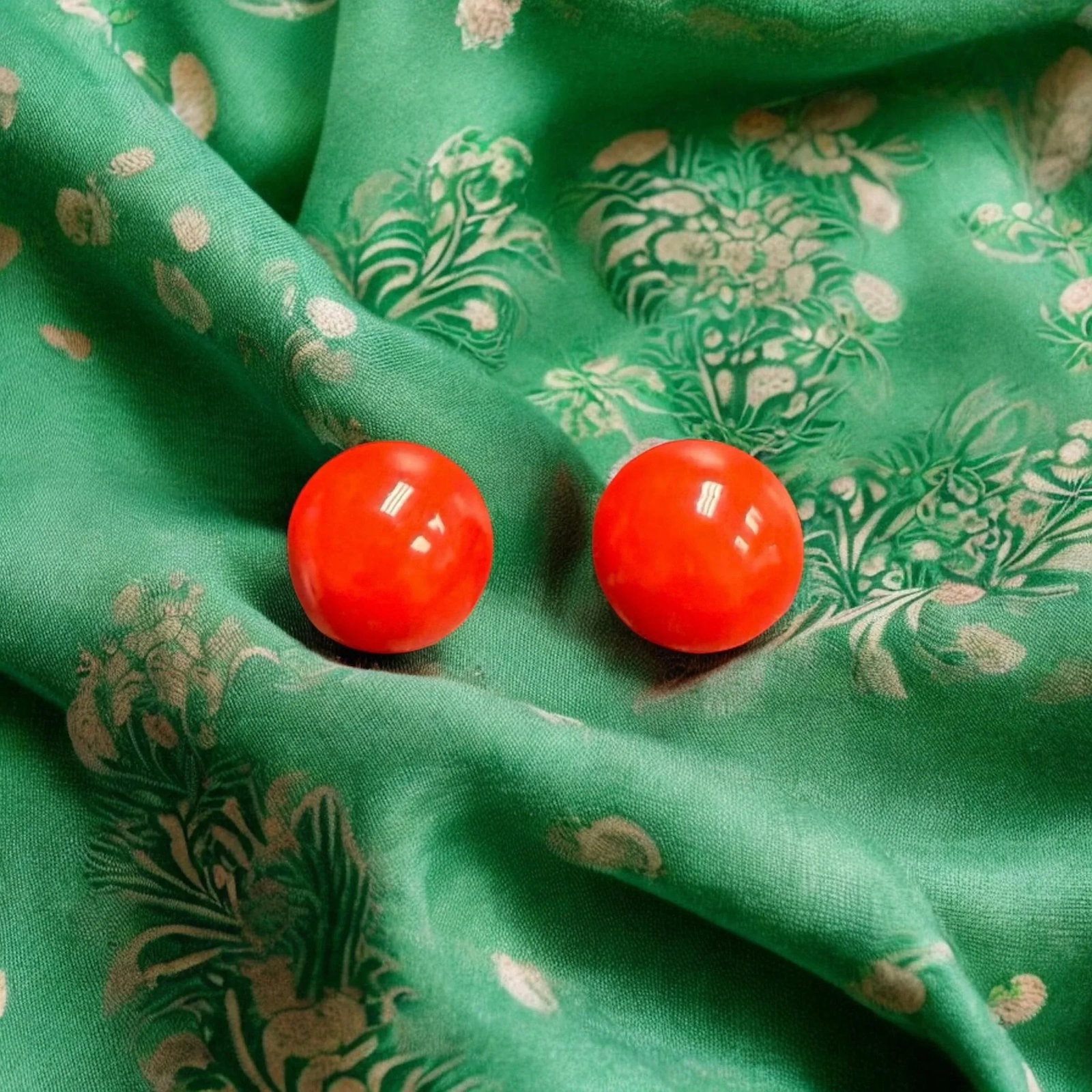 Vintage Red Domed Clip on Earrings Hong Kong, A Pair - 2
