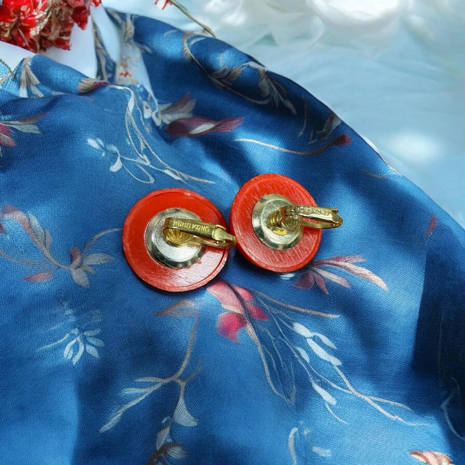 Vintage Red Domed Clip on Earrings Hong Kong, A Pair - 5