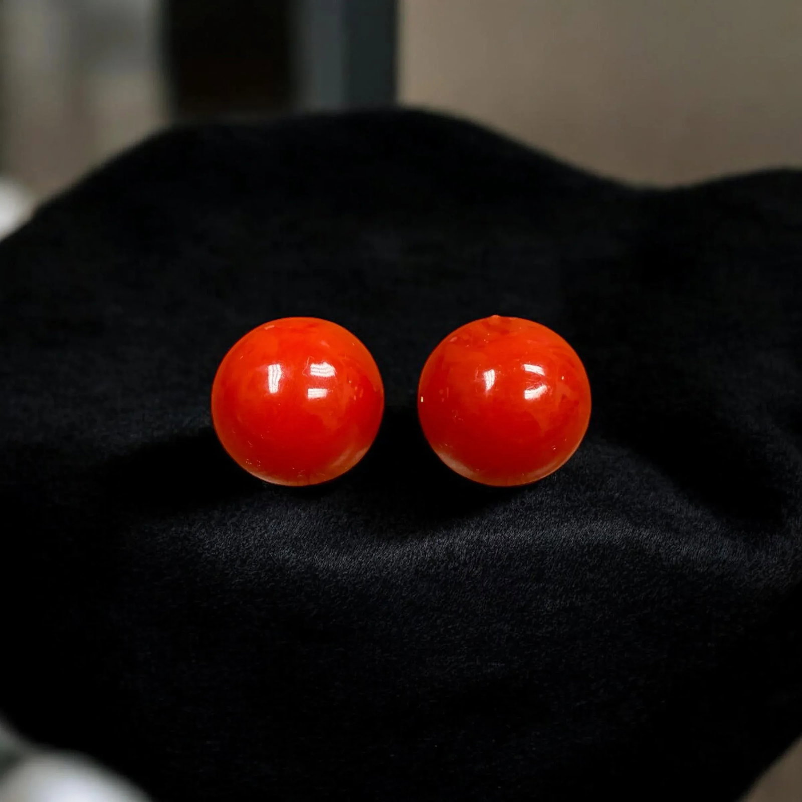 Vintage Red Domed Clip on Earrings Hong Kong, A Pair - 8