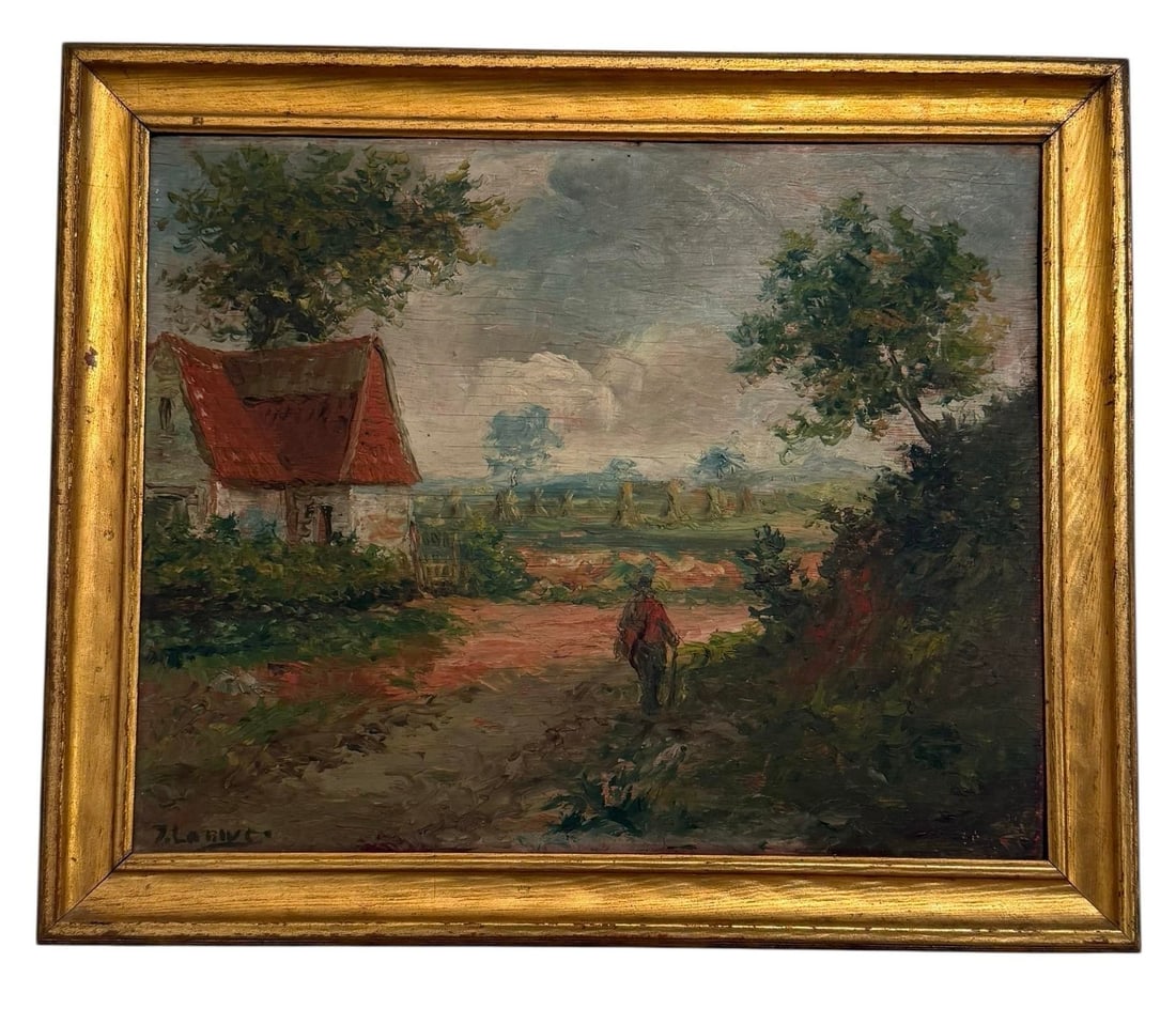 Late 19th Century Gold Framed French Impressionist Oil on Board "Countryside Stroll" Artist Signed T - 12