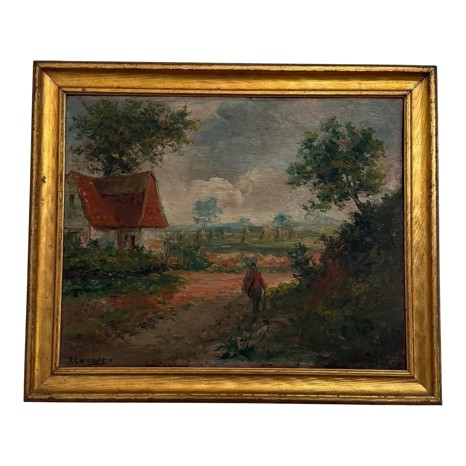 Late 19th Century Gold Framed French Impressionist Oil on Board "Countryside Stroll" Artist Signed T: Charming late 19th-century French impressionist oil on board depicting a solitary farmer strolling down a sunlit country lane. A French country cottage sits at left, with a field of bundles of hay or 