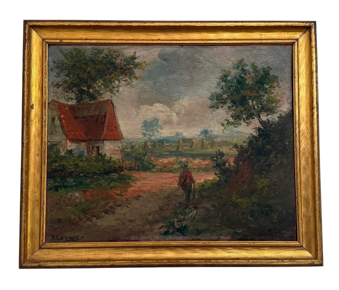 Late 19th Century Gold Framed French Impressionist Oil on Board "Countryside Stroll" Artist Signed T - 2