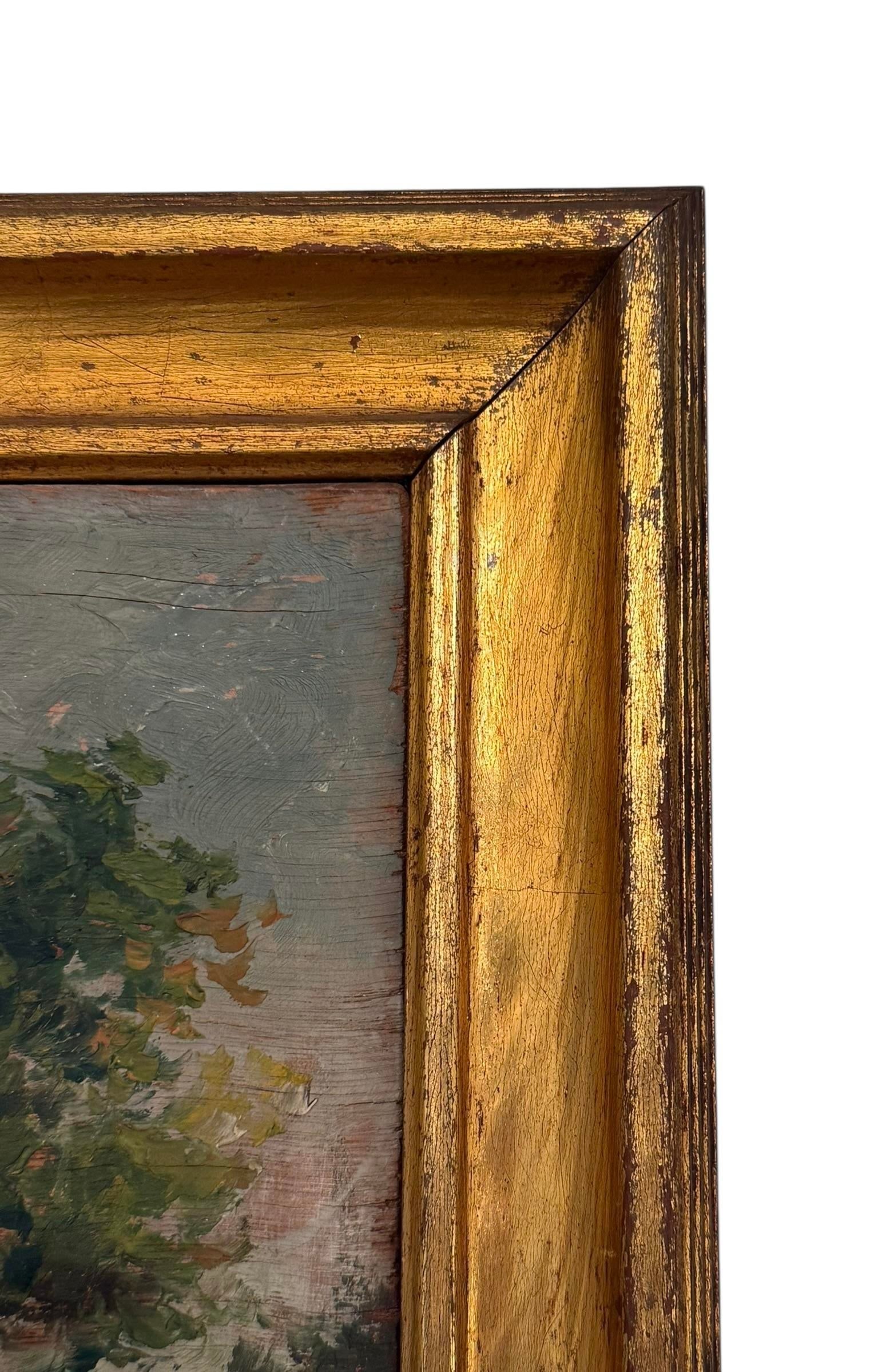 Late 19th Century Gold Framed French Impressionist Oil on Board "Countryside Stroll" Artist Signed T - 4