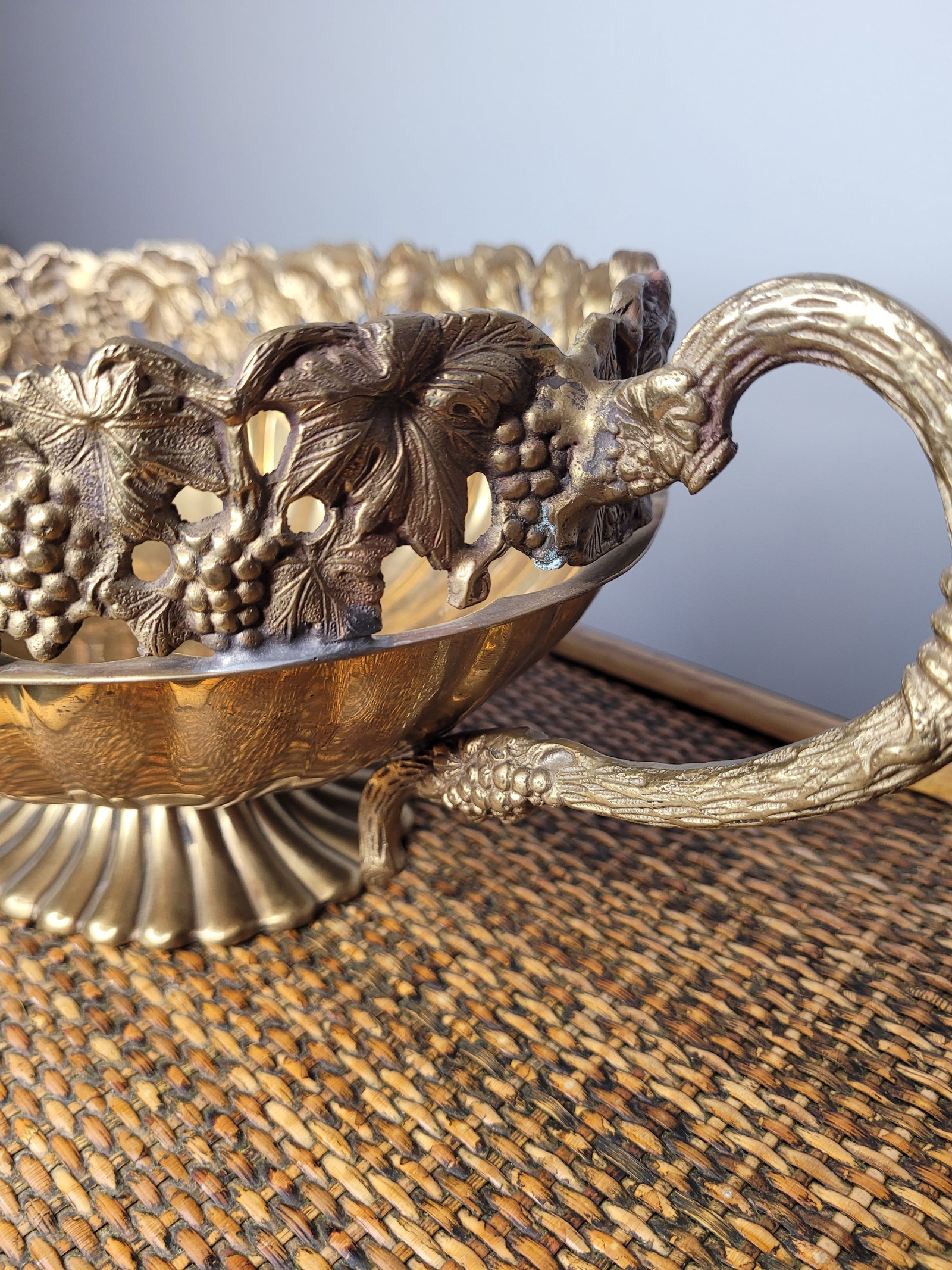 Andrea by Sadek Brass Grape Motif Pedestal Centerpiece Bowl - 3