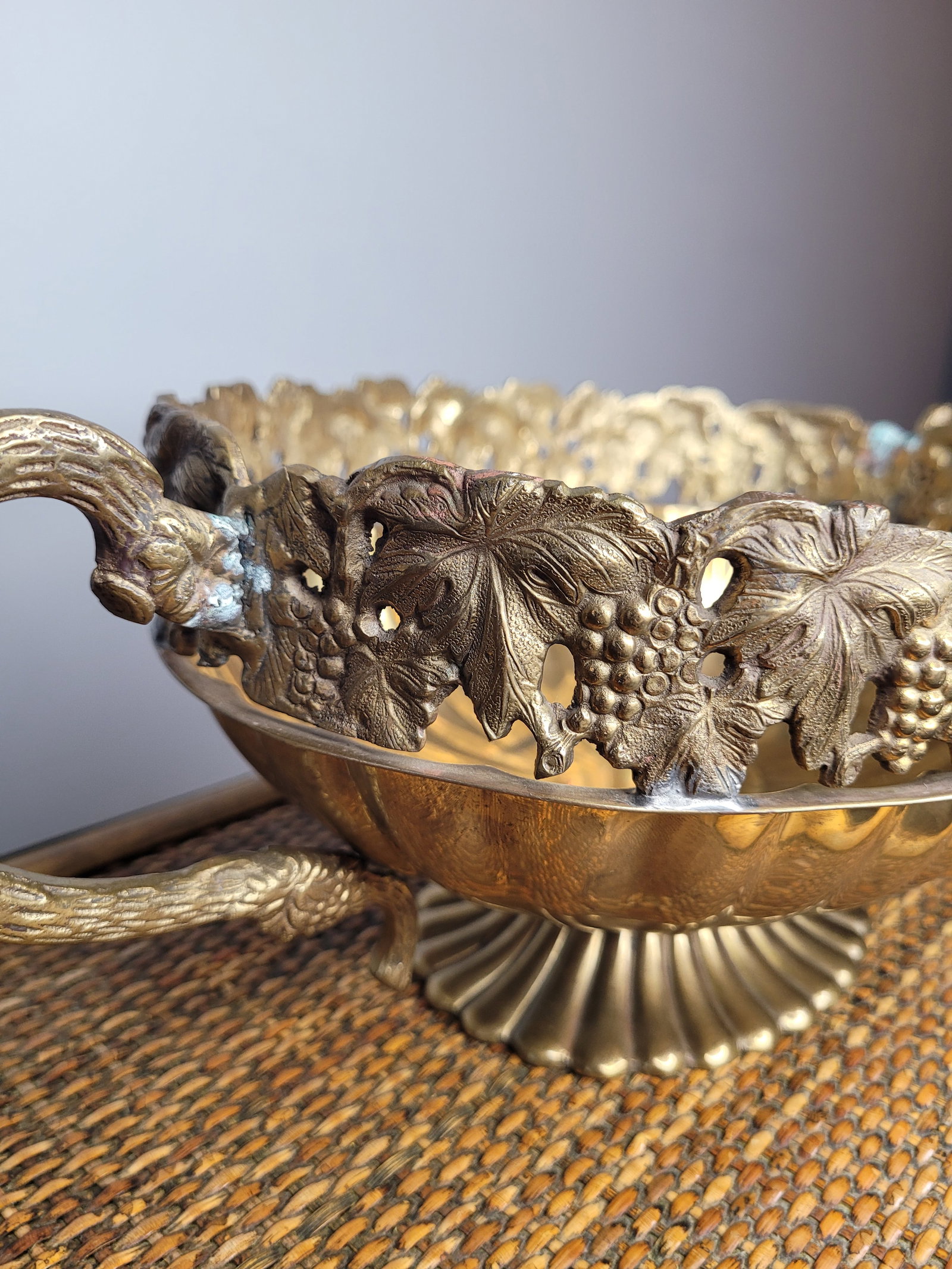 Andrea by Sadek Brass Grape Motif Pedestal Centerpiece Bowl - 6