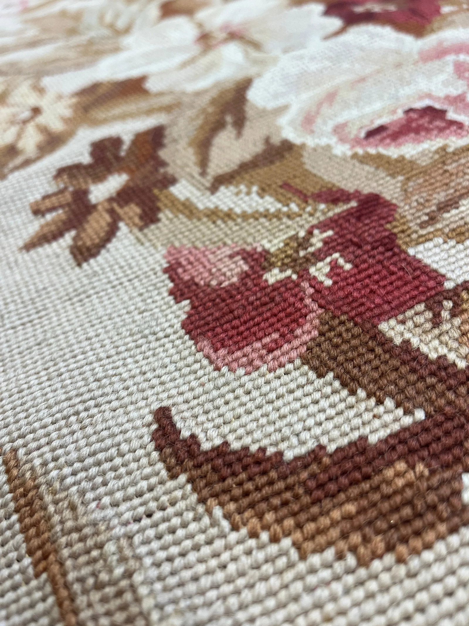 100% Wool Hand Knotted French Aubusson Pair of Runners in Muted Cream/Peach/Pink Floral Pattern - 12