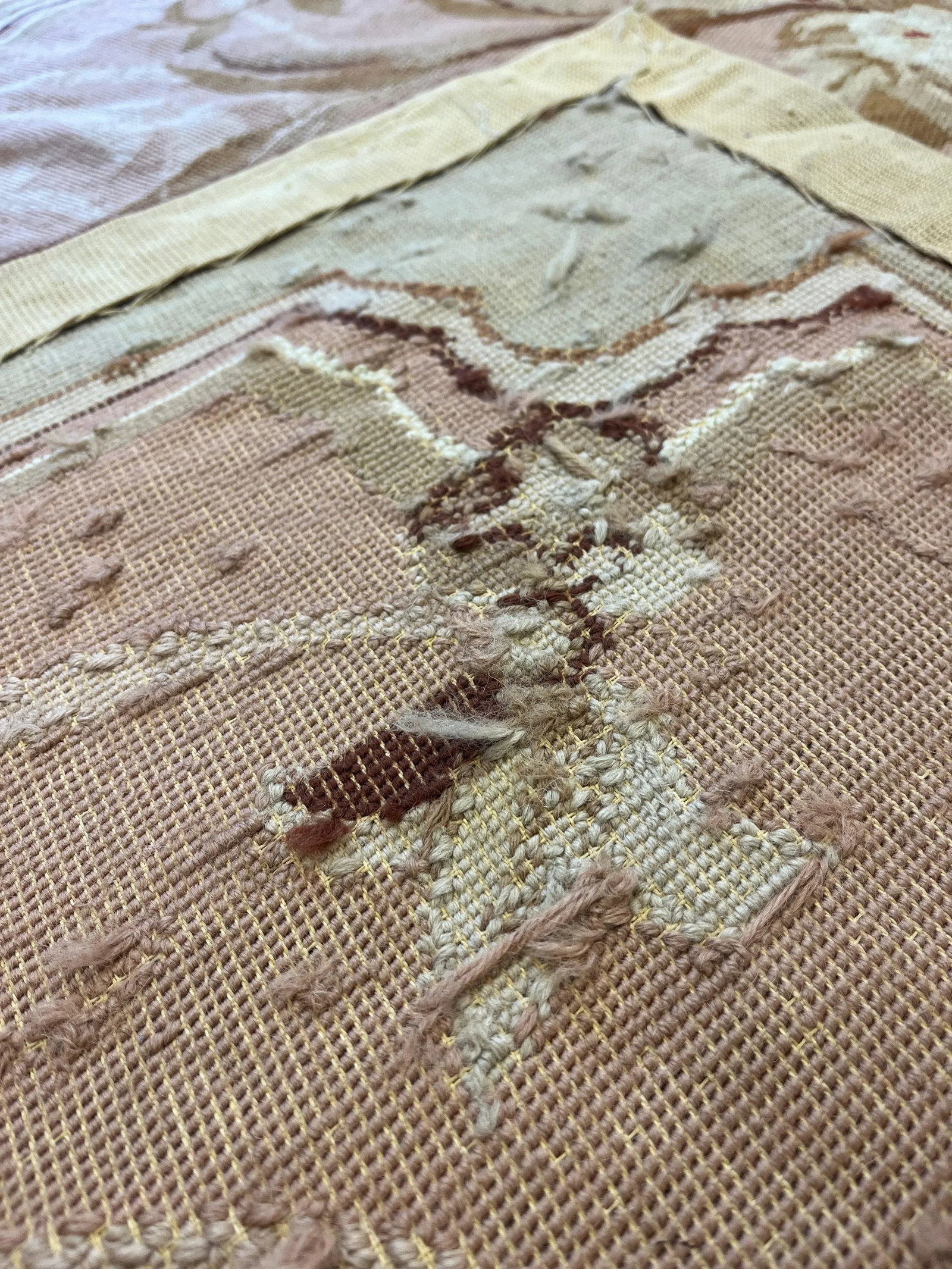 100% Wool Hand Knotted French Aubusson Pair of Runners in Muted Cream/Peach/Pink Floral Pattern - 13