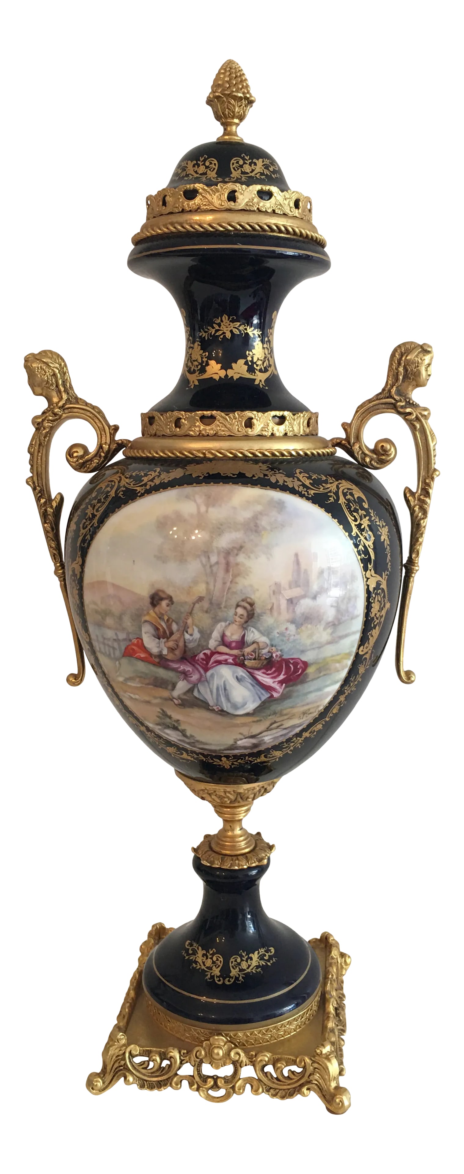 Late 19th Century Acf Victorian Romantic French Porcelain Gilt Vase: 24" tall ACFVictorian Romantic French Porcelain Gilt Metal Decor De Serves Imperial Cobalt Blue Vase. This is one from set of two large ACF marked porcelain Vase / Urn. Serves style lidded urnshavinga