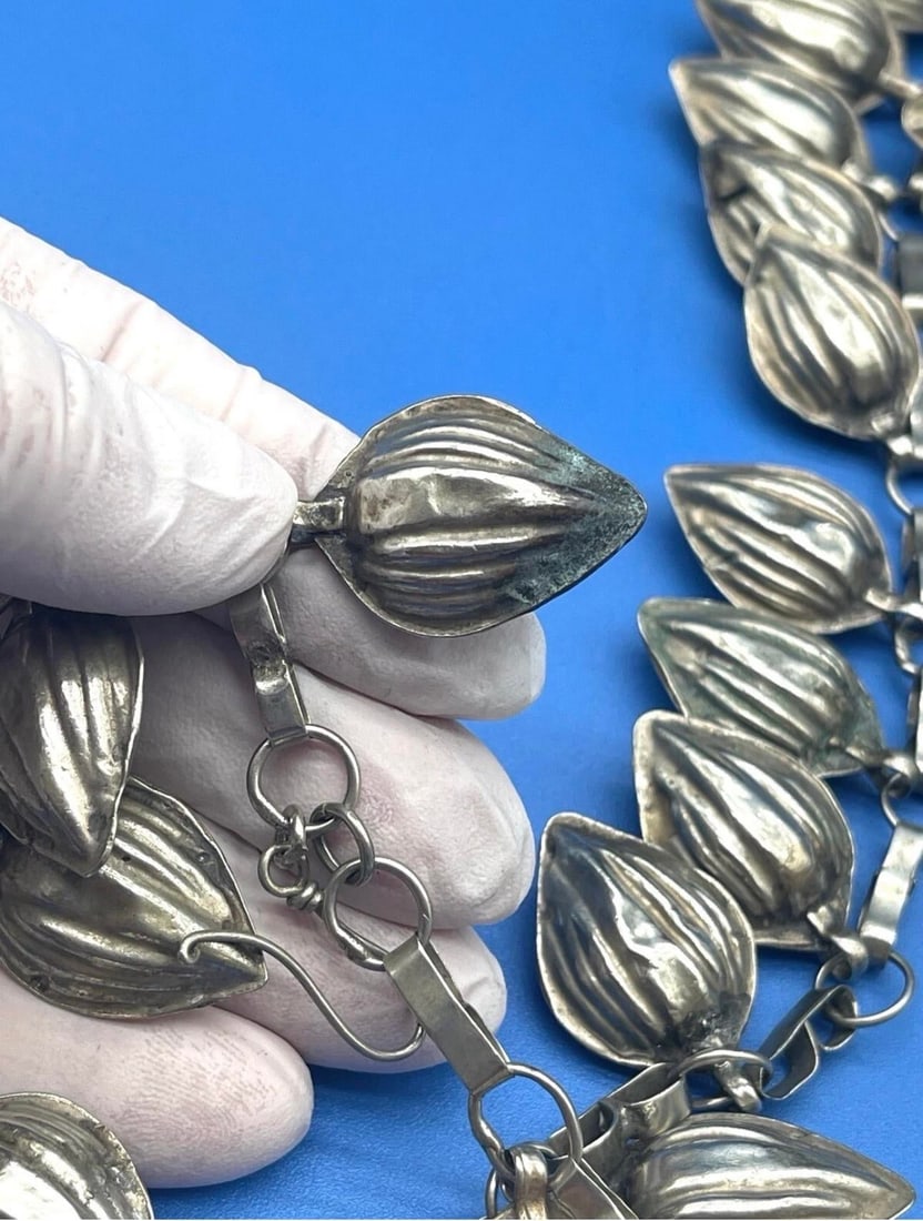 Antique Turkmen Yemeni Silver Leaf Double Chain Necklace - 11