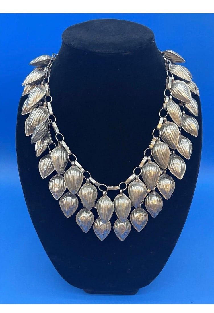 Antique Turkmen Yemeni Silver Leaf Double Chain Necklace - 5