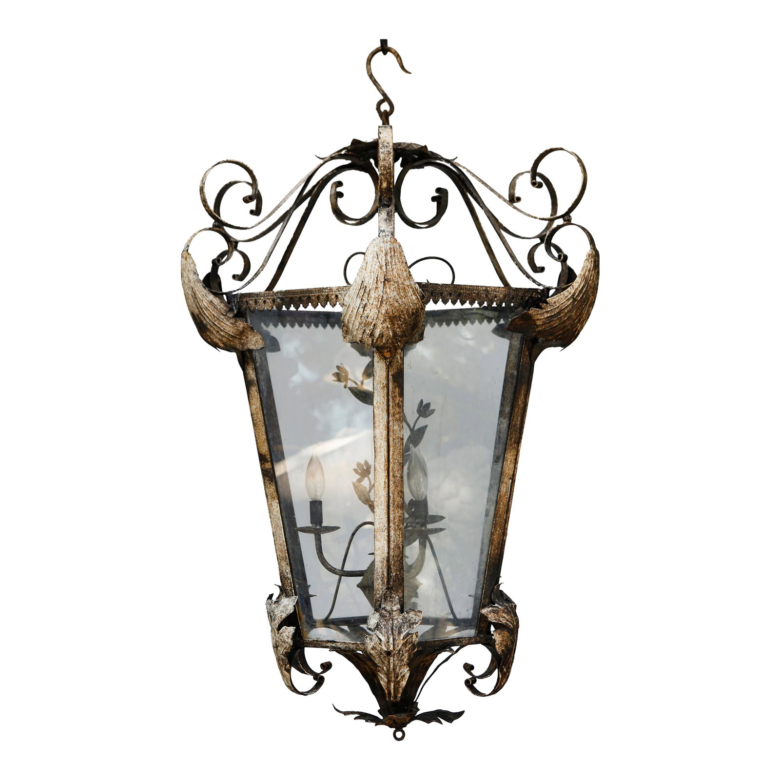 XL Vintage Tole Hanging Lantern W/ Floral Accents (1 of 4)
