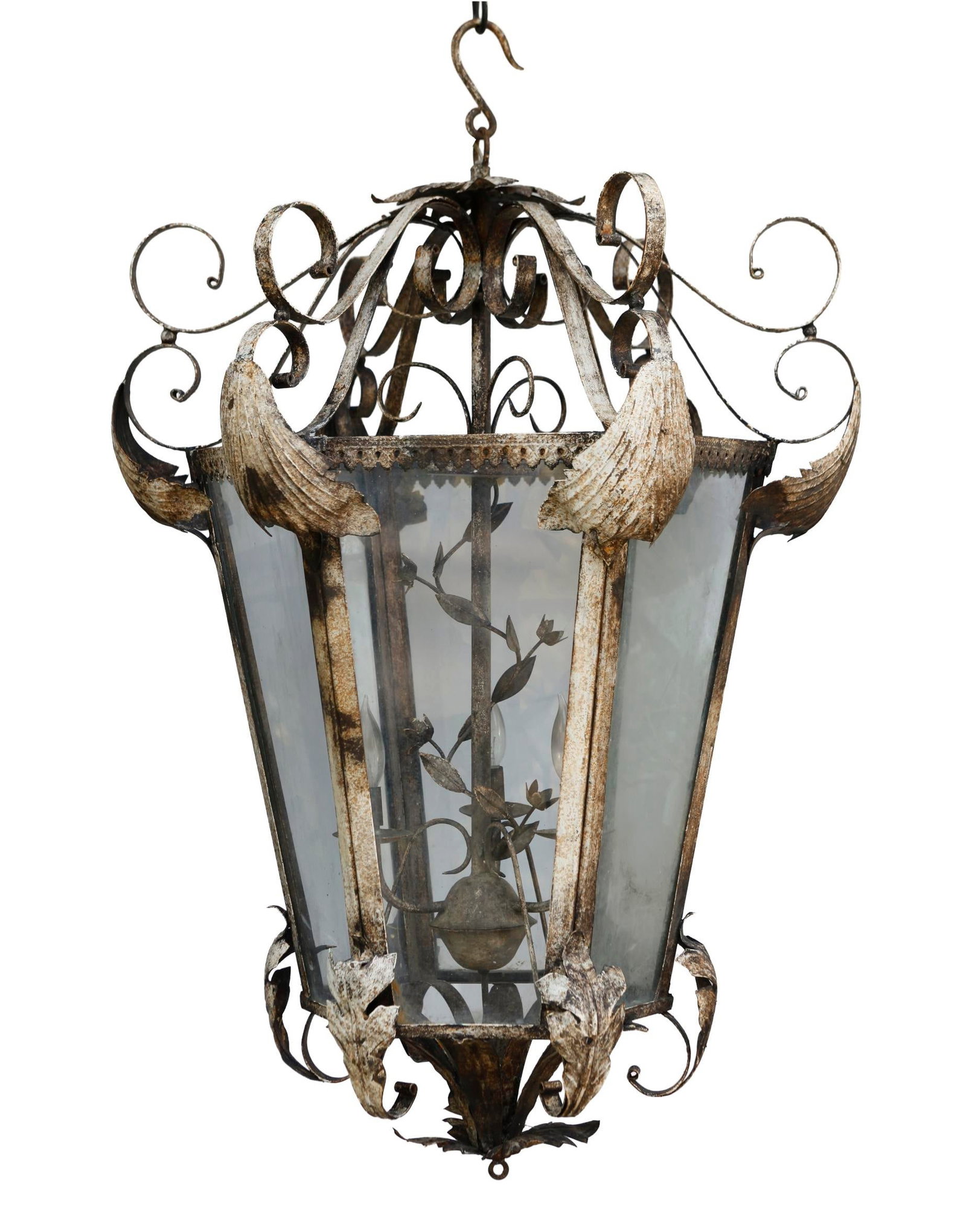 XL Vintage Tole Hanging Lantern W/ Floral Accents - 2