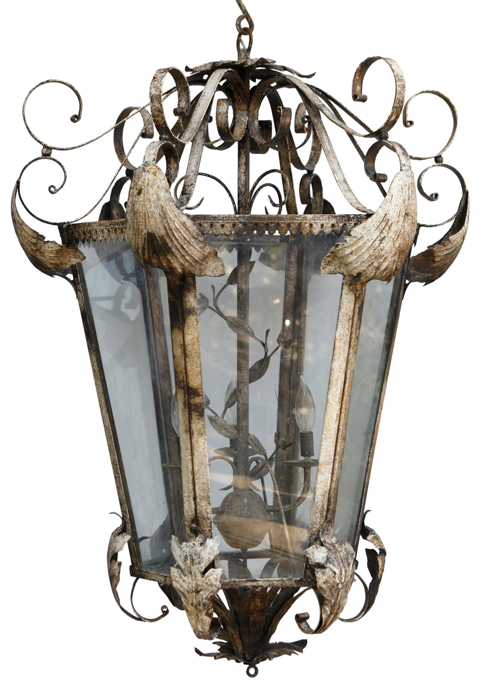 XL Vintage Tole Hanging Lantern W/ Floral Accents - 3