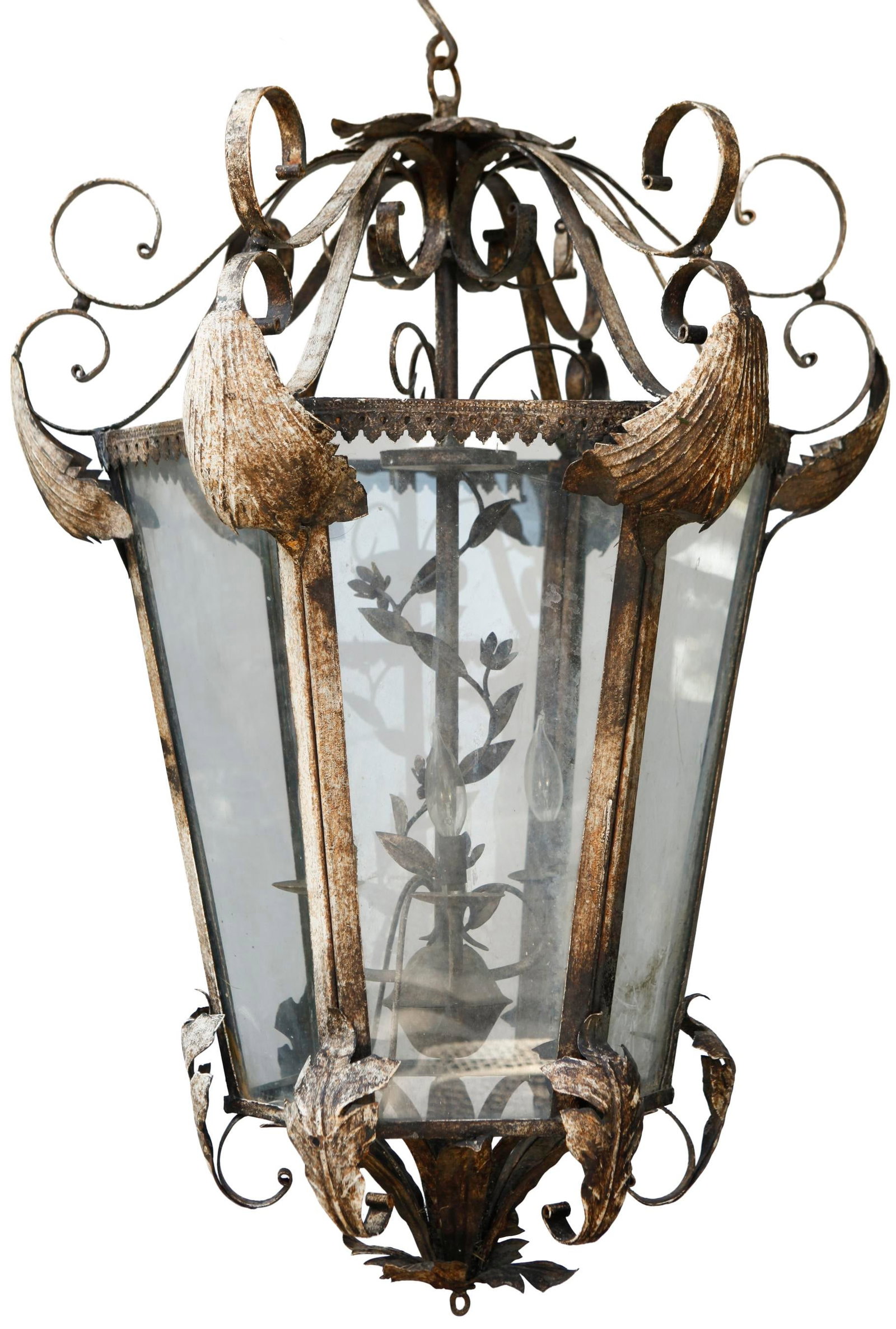XL Vintage Tole Hanging Lantern W/ Floral Accents - 4