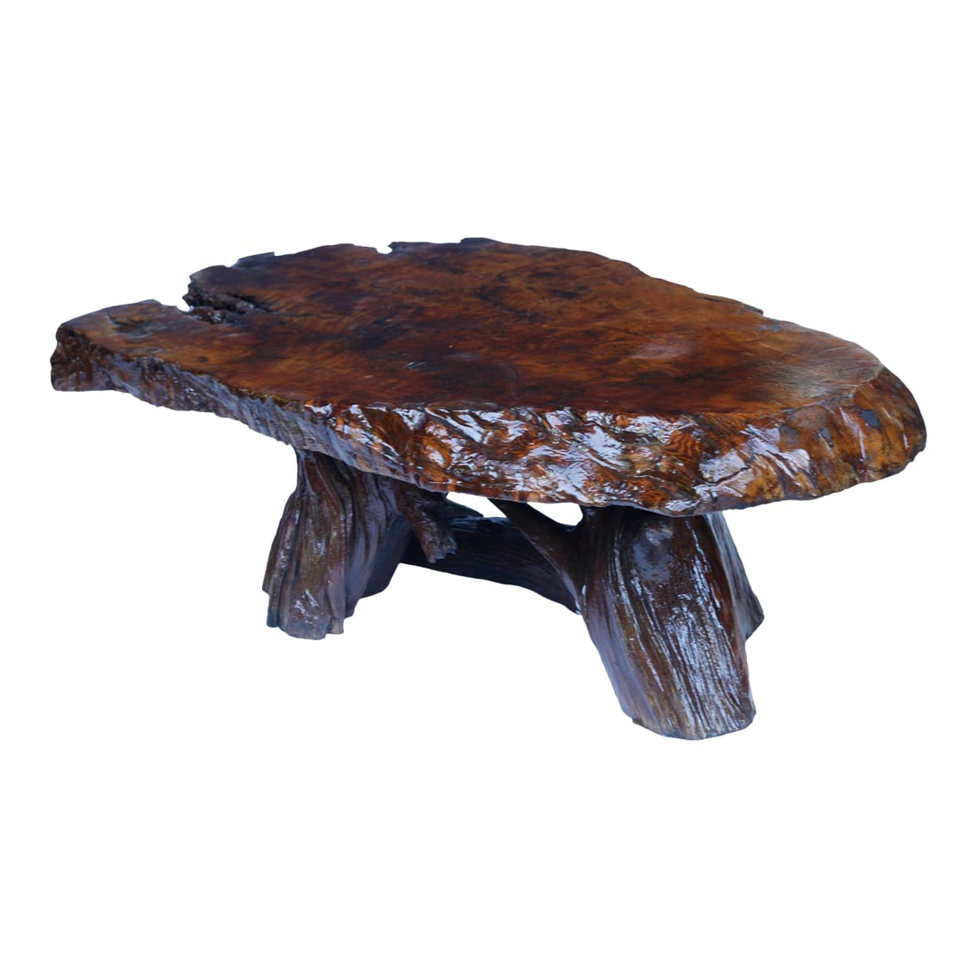 Vintage MCM Live Edge Coffee Table: A Beautiful Mid Century Modern Live Edge Wood Slab coffee table with a natural trunk base. Hardwood with thick tree slab top. Chisel marks on the top and sealed with Clear Coat. A Wonderful, Natural