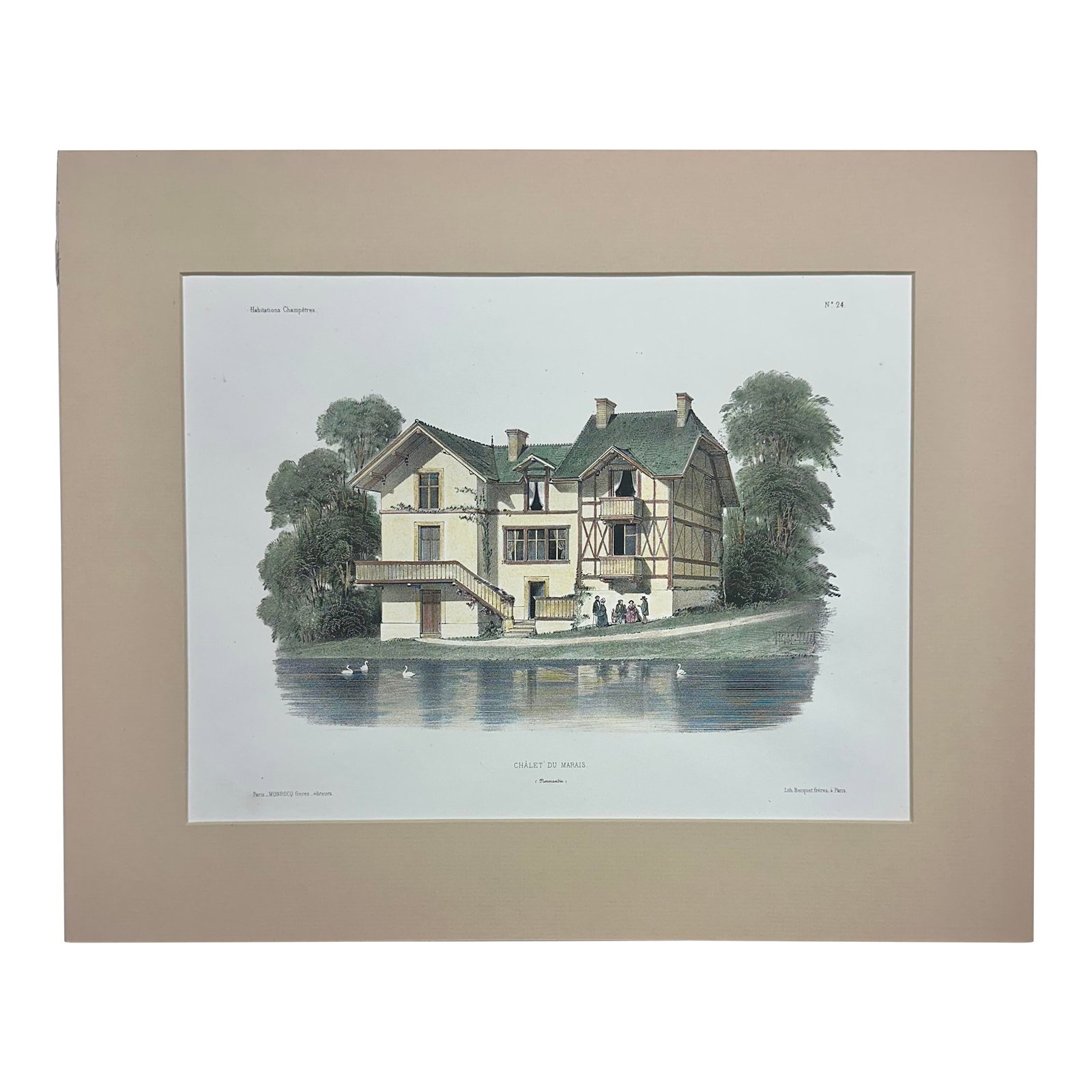 Chalet Du Marais (Marsh), Original Lithograph, 1860: Original hand-colored lithograph of the Chalet of the Marsh, featuring people and swans by a body of water, which suggests a peaceful, rustic setting from Habitations Champetres by the Becquet