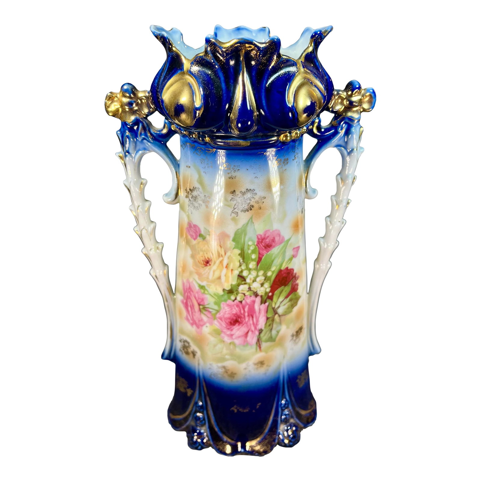 Fine Antique German Porcelain Hand Painted Handled Vase: Very fine, detailed porcelain vase unmarked from Germany. White and cobalt blue with a luster finish, floral decor, and gold trim highlights. Condition: Alterations: Original Condition Unaltered