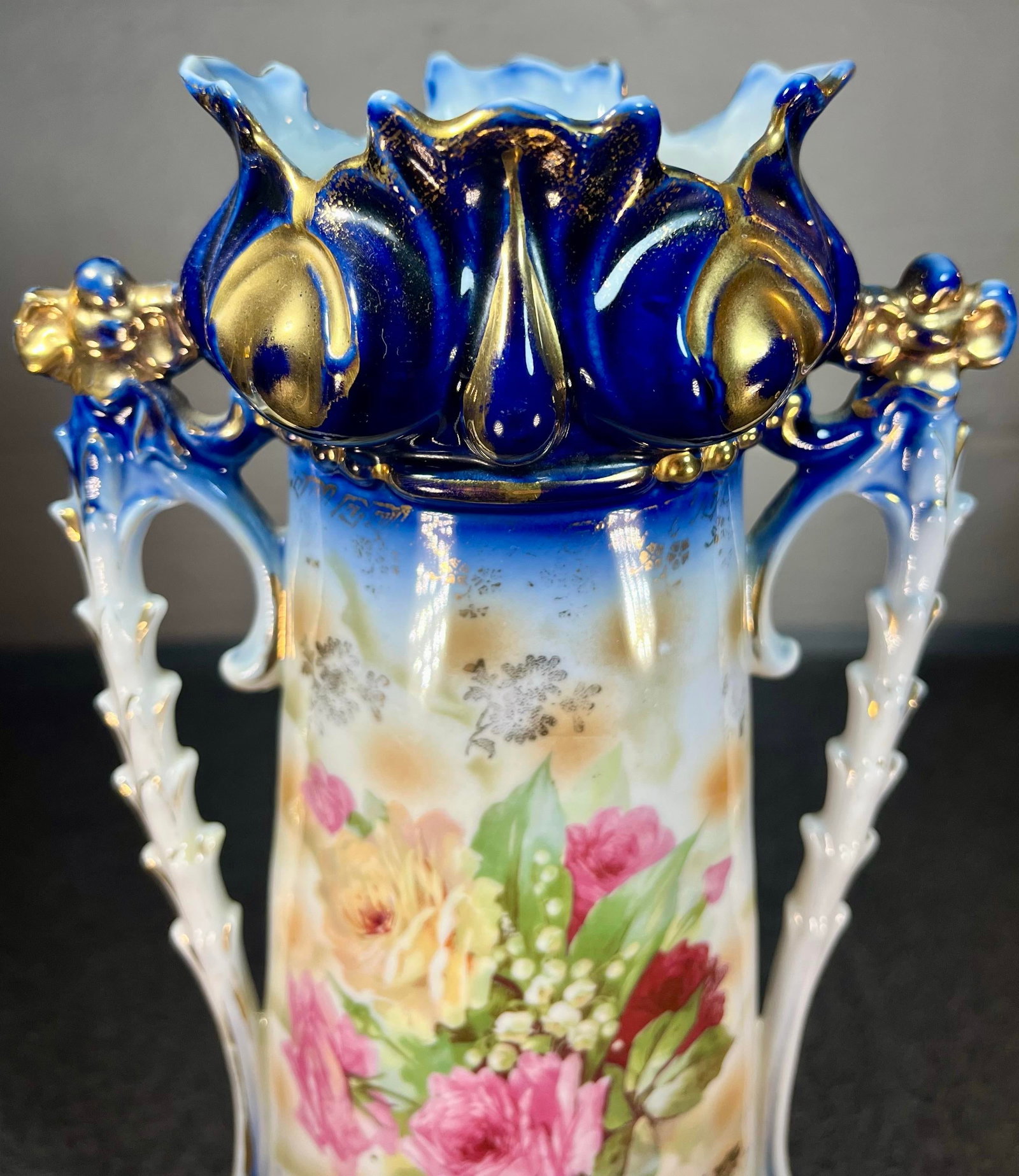 Fine Antique German Porcelain Hand Painted Handled Vase - 2