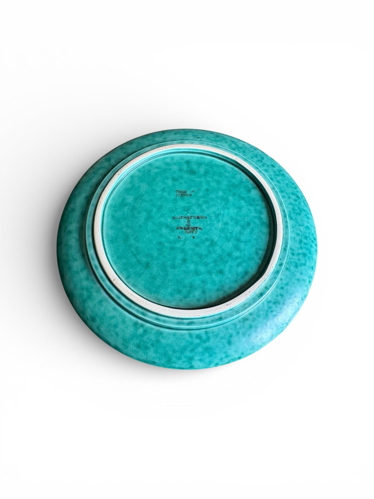 1940s Wilhelm Kage for Gustavsberg Pair of Floral "Argenta" Teal Stoneware Plates, Sweden - 4