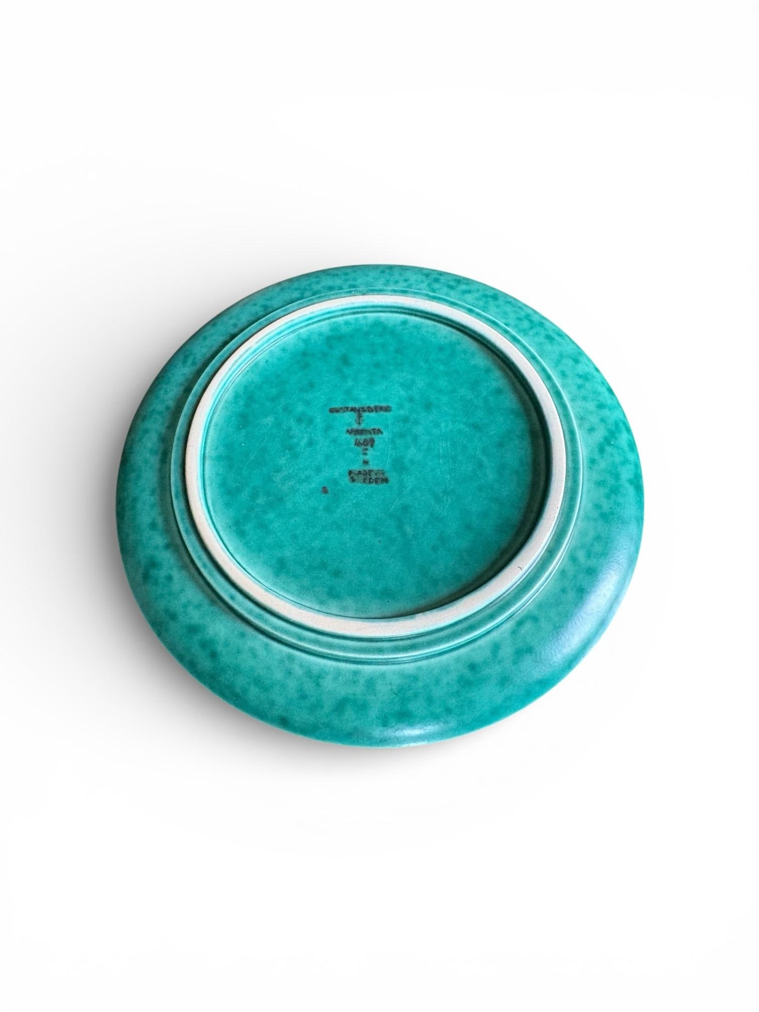 1940s Wilhelm Kage for Gustavsberg Pair of Floral "Argenta" Teal Stoneware Plates, Sweden - 5