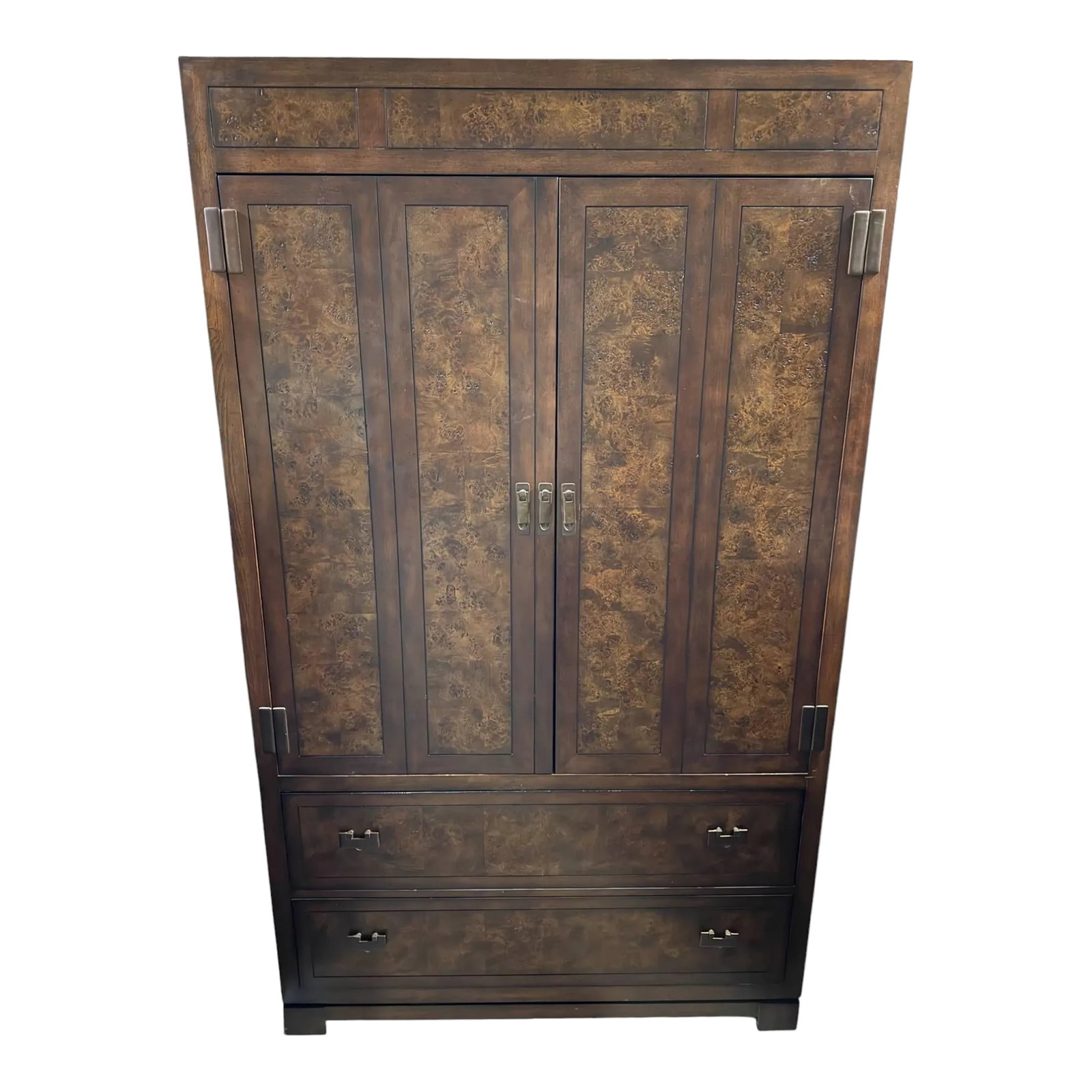 Burl Wood Armoire: Quick Hits: Burl wood media armoire with built-in power strip and coax connections Sleek, modern silhouette with retractable cabinet doors Features two deep drawers and interior shelving for