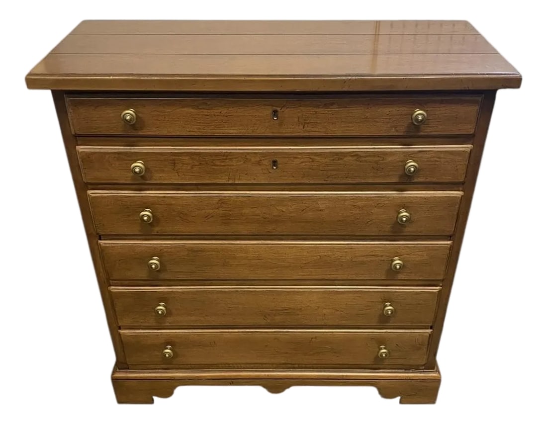 Drexel Heritage Mid 20th Century Cherry Four Drawer Chest Brass Accents: Elegant Drexel Heritage chest in a warm, rich glossy cherry finish with visible grain and classic proportions. Four horizontal drawers (round brass-colored knobs with each drawer) provide versatile