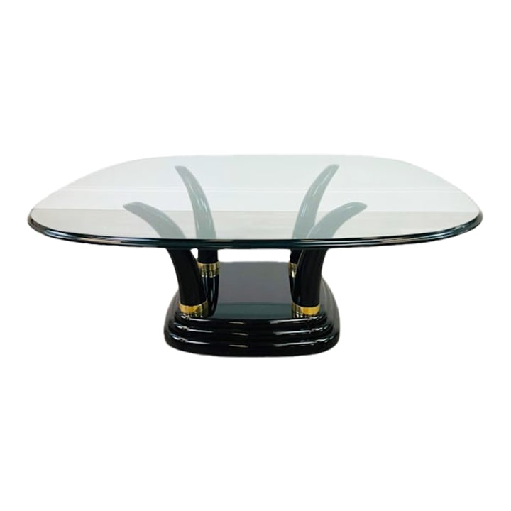 Late 20th Century Henredon Faux Elephant Tusk Glass Top Coffee Table: This is a Henredon postmodern black lacquer and faux tusk coffee table with a beveled glass top and brass trim. The glass is 1" thick. The glass is not attached and rests on the base. Dimensions: