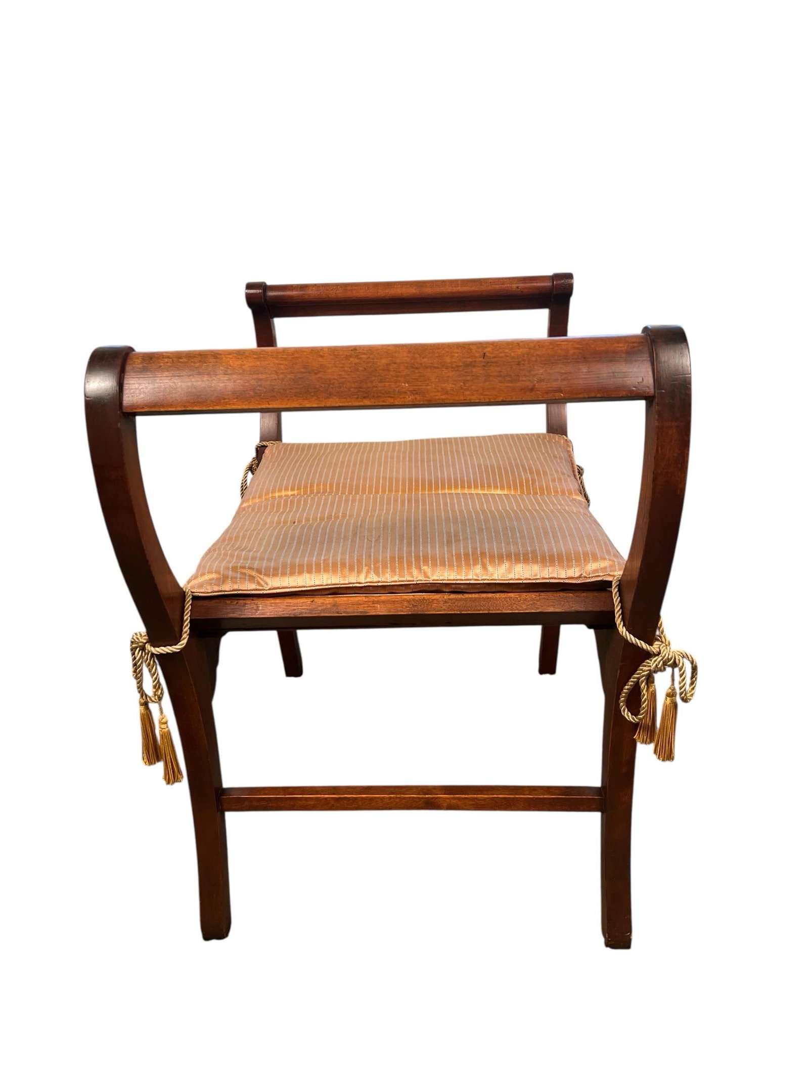 Late 20th Century Empire Revival Mahogany Side Bench With Striped Cushion and Tassel Ties - 4