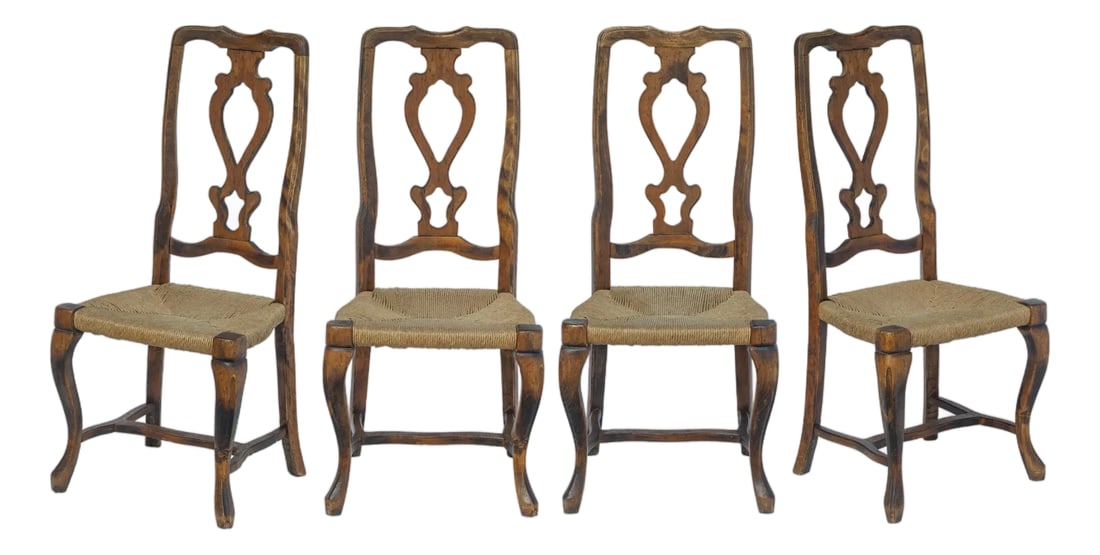 Set of 4/ 19th Century French Provincial Walnut Dining Chairs: Set of 4, 19th Century Country French Provincial Aged Walnut Wood Dining Chairs with Rush Seats and Cabriolet legs/ feet. Lovely Patina. Armless. Classic European Craftmanship. Circa 1860. Seat 16.5"